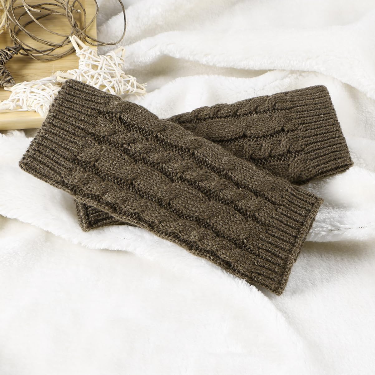 CONGARTENO Fingerless Winter Knitted Gloves for Men and Women Cozy Arm Sleeves with Thumb Hole Khaki Color for Cold Weather and Outdoor Activities