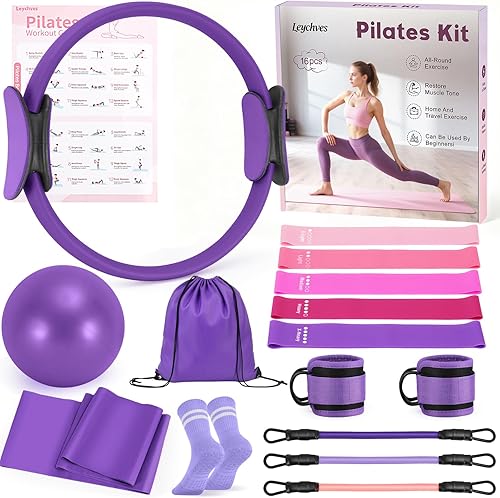Kit de pilates Essentials para mujer, equipo de pilates mágico de 14 pulgadas con anillo de pilates y juego de pelotas, 5 bandas de resistencia y
