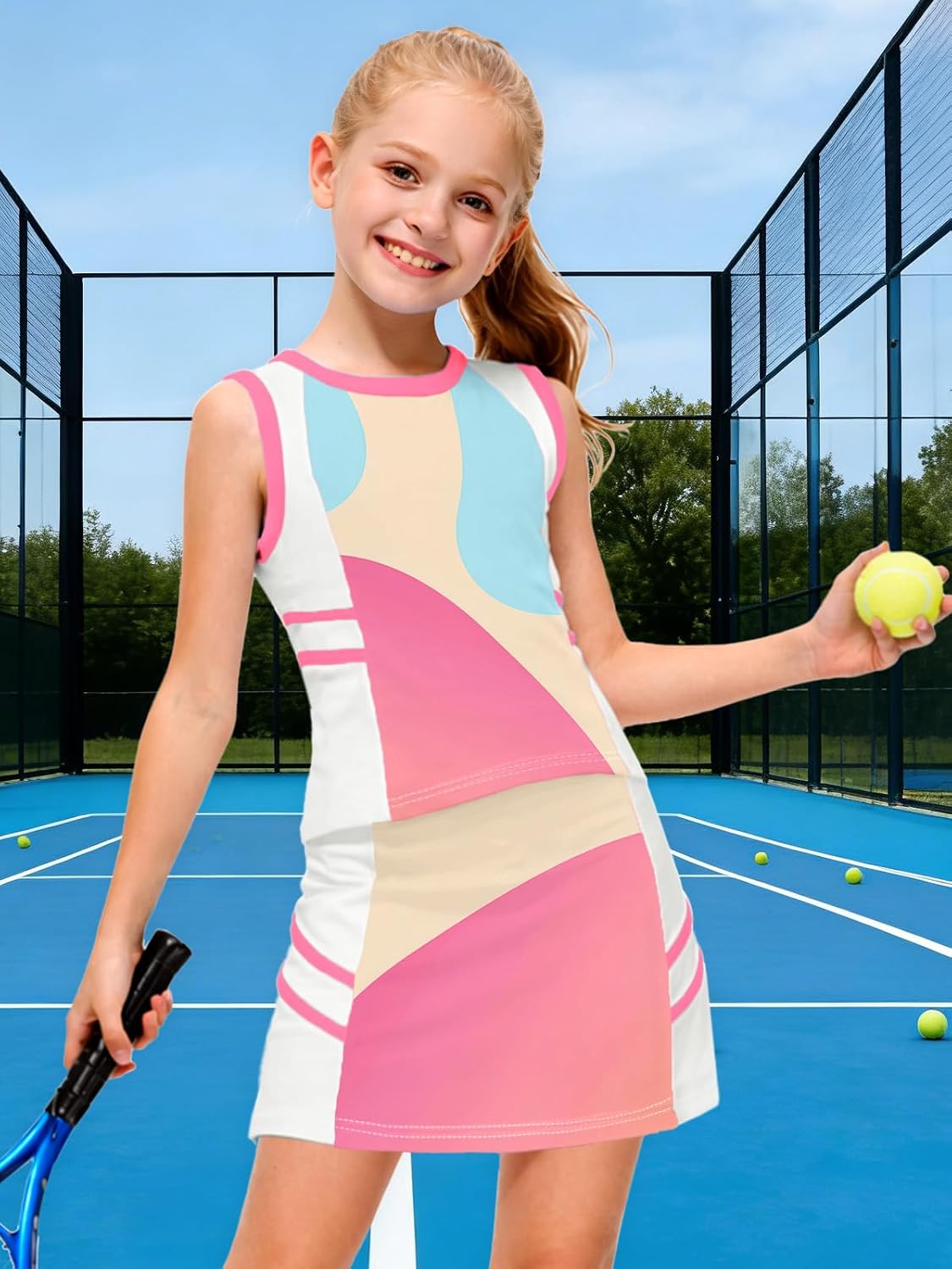 AOBUTE Girls Tennis Golf Outfit Tank Top and Skirt with Shorts Set 4-12 Years