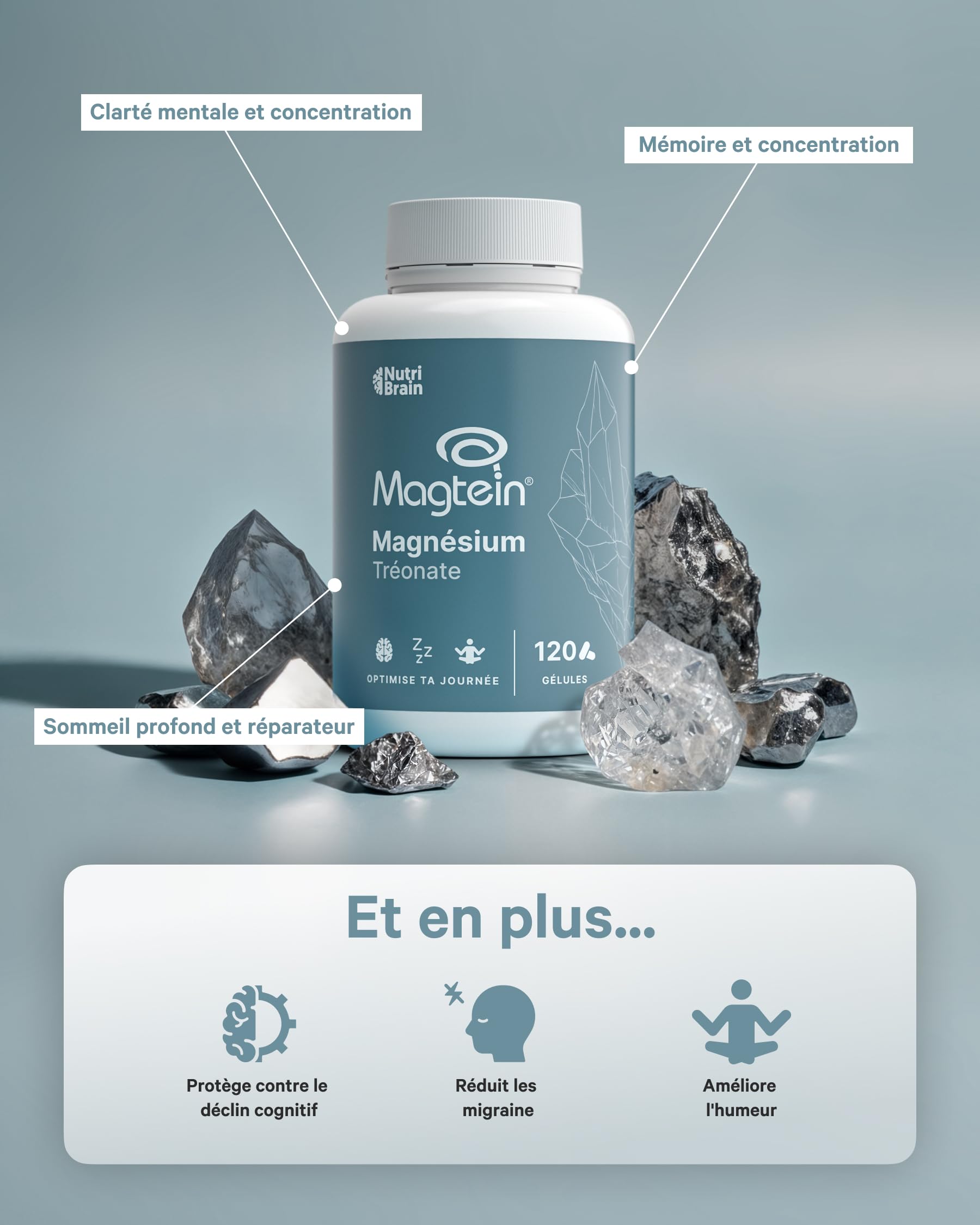 Magnésium L-Thréonate | Haute dose 2000 mg de Magtein® pur | Absorption optimale | 120 Gélules | Mémoire, Concentration, Sommeil profond