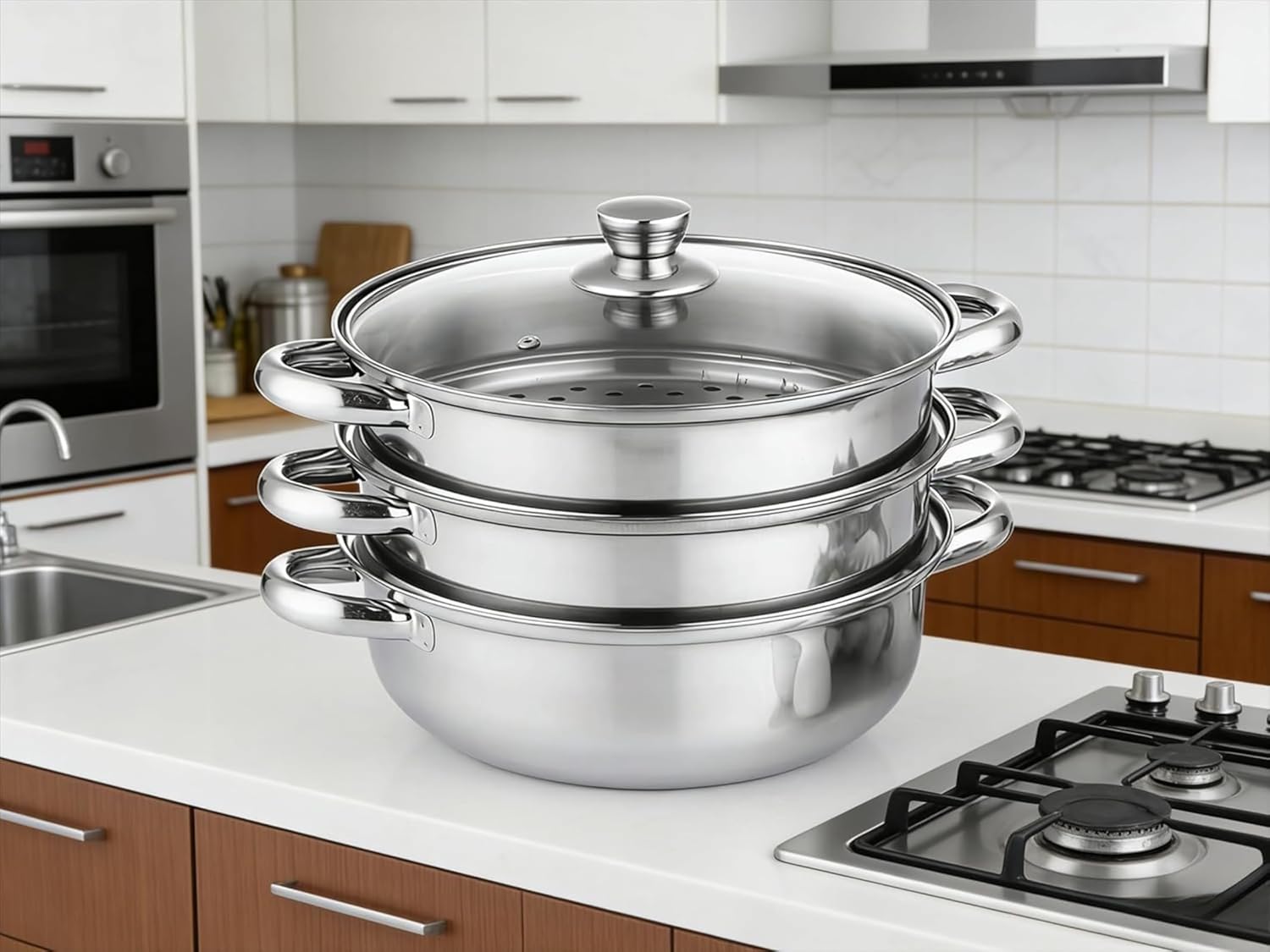 3 Tier Steamer Pot for Cooking with Lid Stainless Steel Cooker Steam for Vegetable Dumpling Stock Sauce Food for Vegetable, Dumpling, Sauce, Food (A)