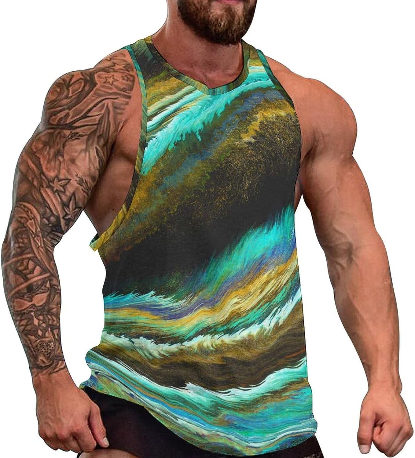Blue with Gold Marble Texture Mens Tank Tops Sleeveless Muscle Shirts Beach Casual Gym Shirt Vest Tee Tops
