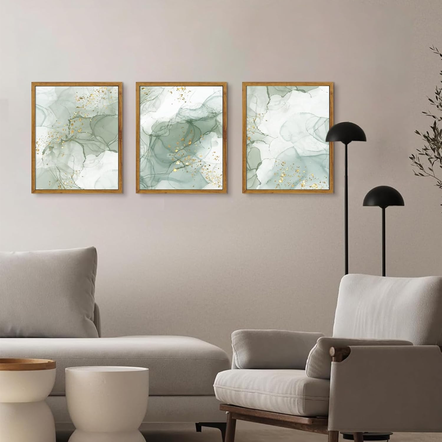 Framed Sage Green Wall Art Set of 3,Abstract Green Wall Decor Living Room,Minimalist Modern Framed Wall Art Marble Line Beige Gold Green Canvas Artwork Paintings,Boho Room Decor,Bedroom Bathroom Office Artwork,12"x16"