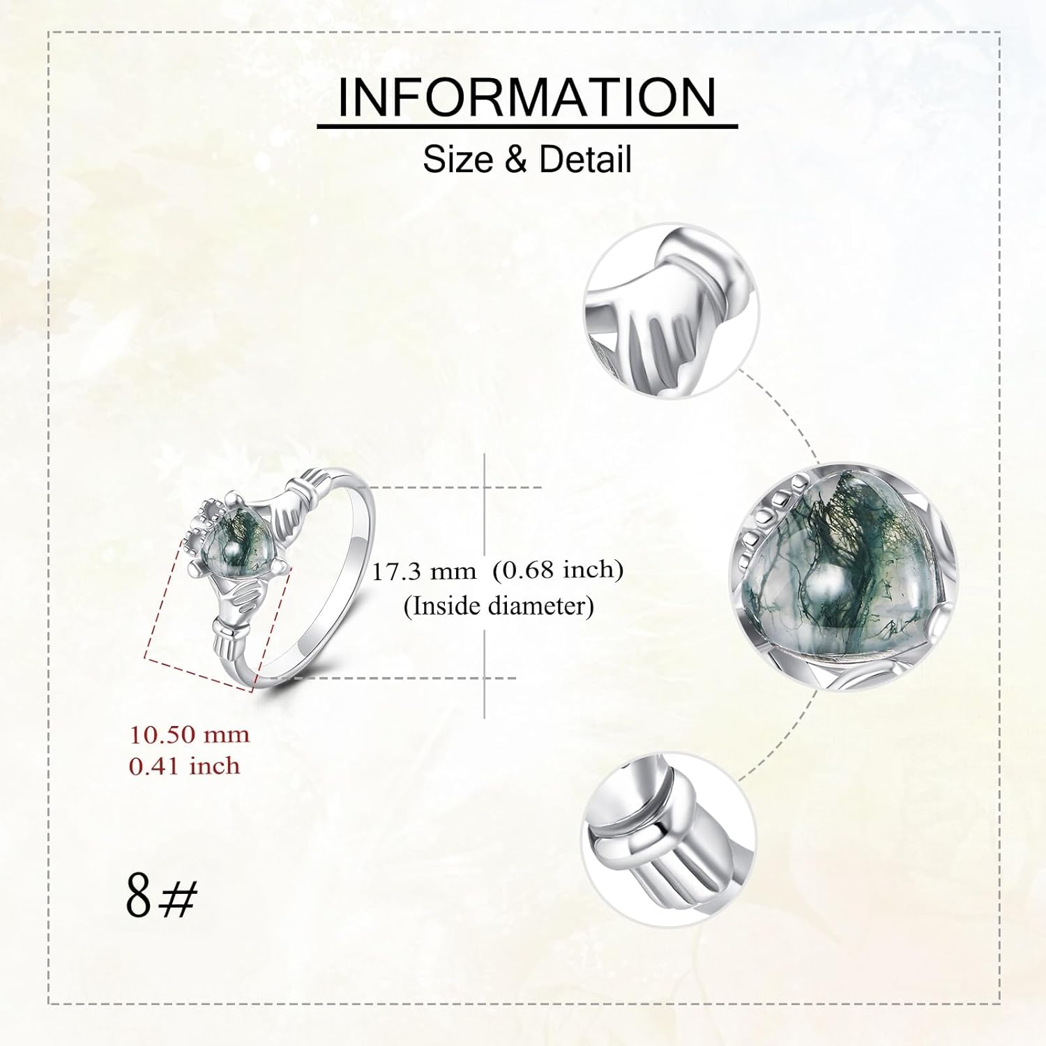 Claddagh Ring 925 Sterling Silver Irish Claddagh Ring Moss Agate Irish Jewelry for Women - Image 3