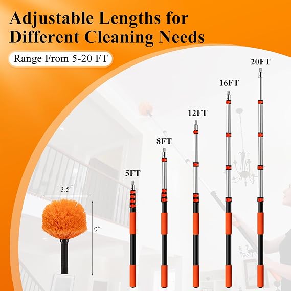 26ft High Reach Cobweb Duster with 20ft Extra Long Extension Pole