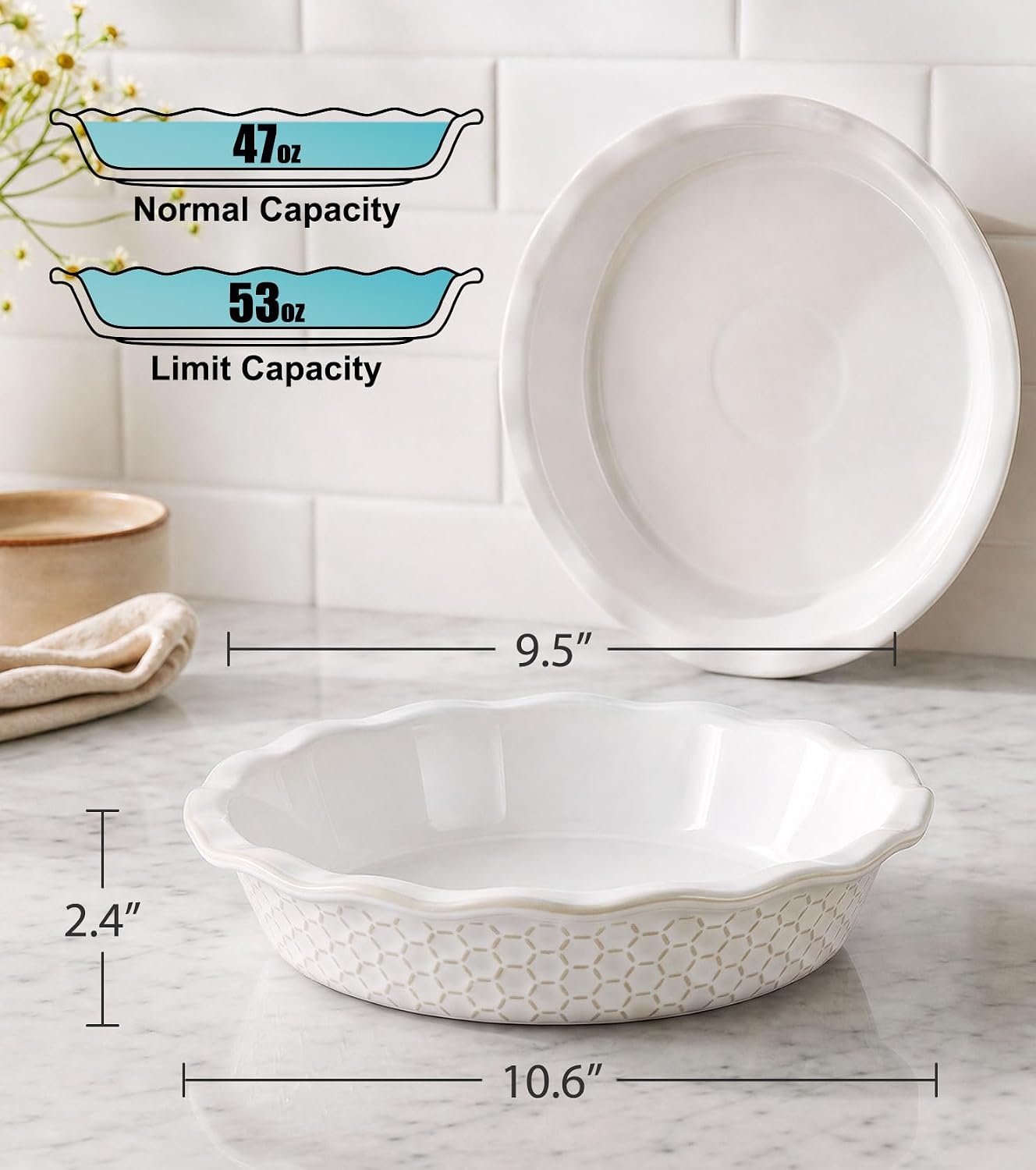 Lareina Deep Dish Pie Pan 9 Inch Ceramic, 53 oz Pie Plate with Recipe Book