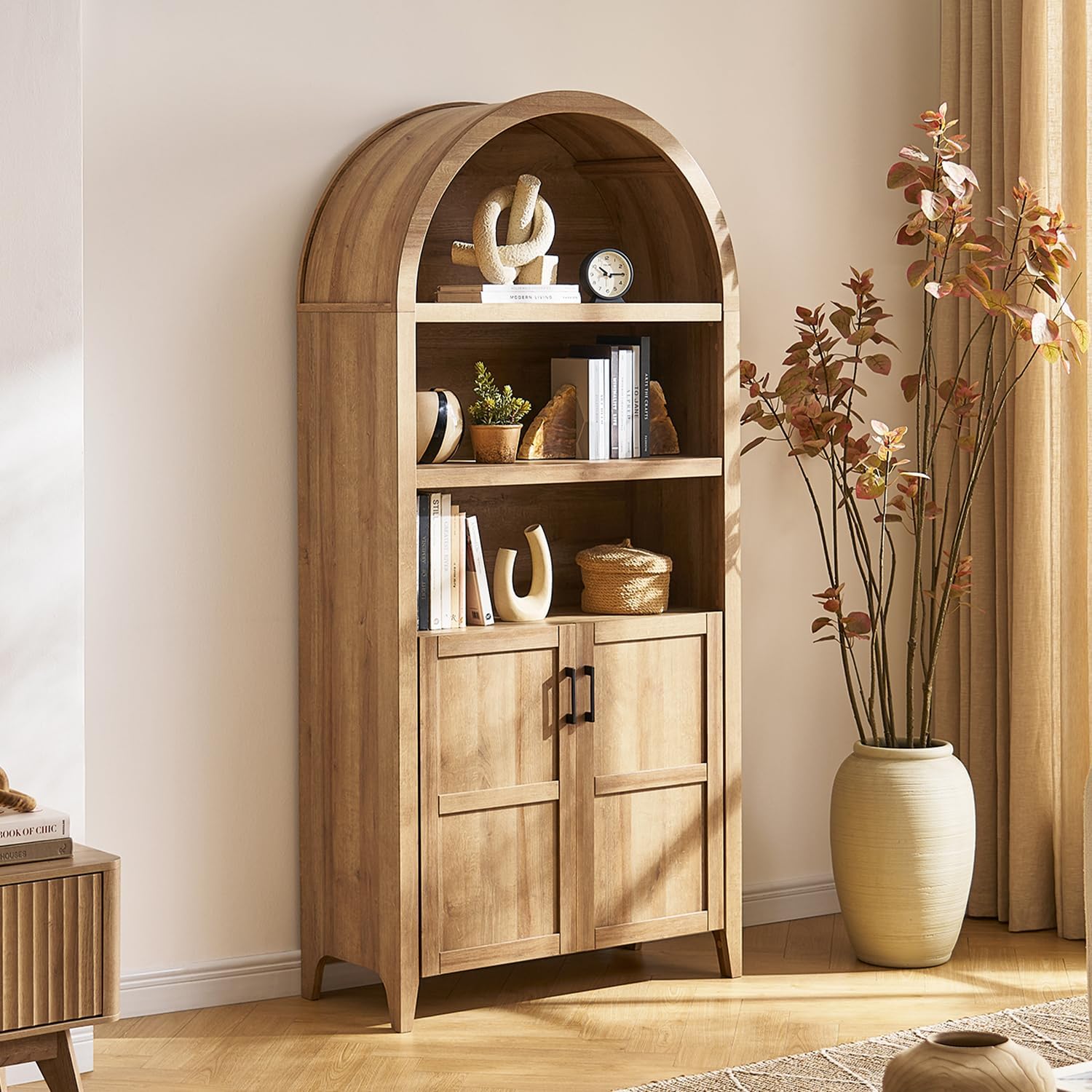 mopio Lauren 77.4" Tall Arched Cabinet, The Original 5-Tier Bookcase with Doors and Adjustable Shelves, Arch Bookshelf with Storage, Wooden Storage Cabinet for Living Room and Kitchen Pantry (Oak)