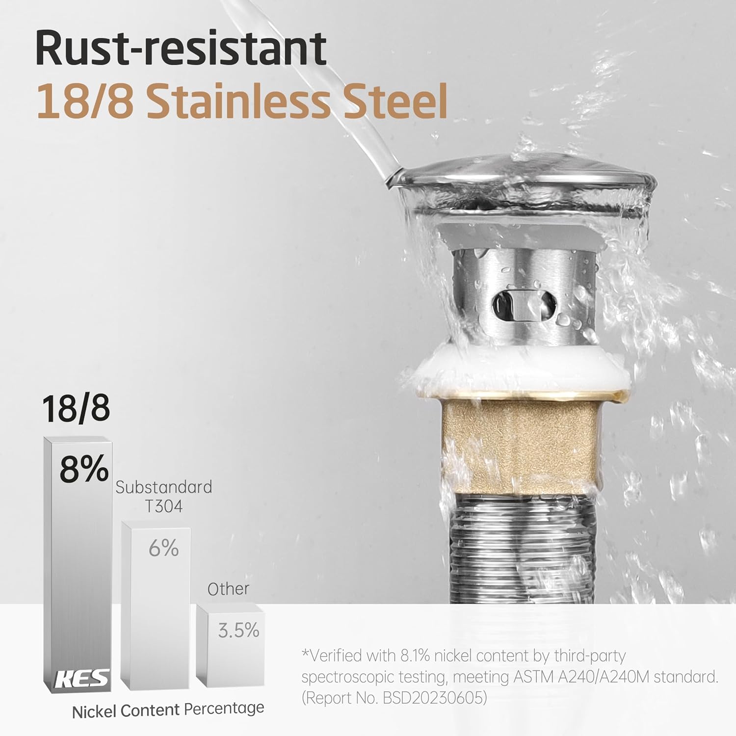 KES Bathroom Sink Drain Stopper with Overflow, Pop Up Drain with Detachable Hair Catcher for Lavatory Vanity Vessel Sink, Brushed Nickel 2 Pack, All Metal Rustproof 304 Stainless Steel, S2013A-BN-P2