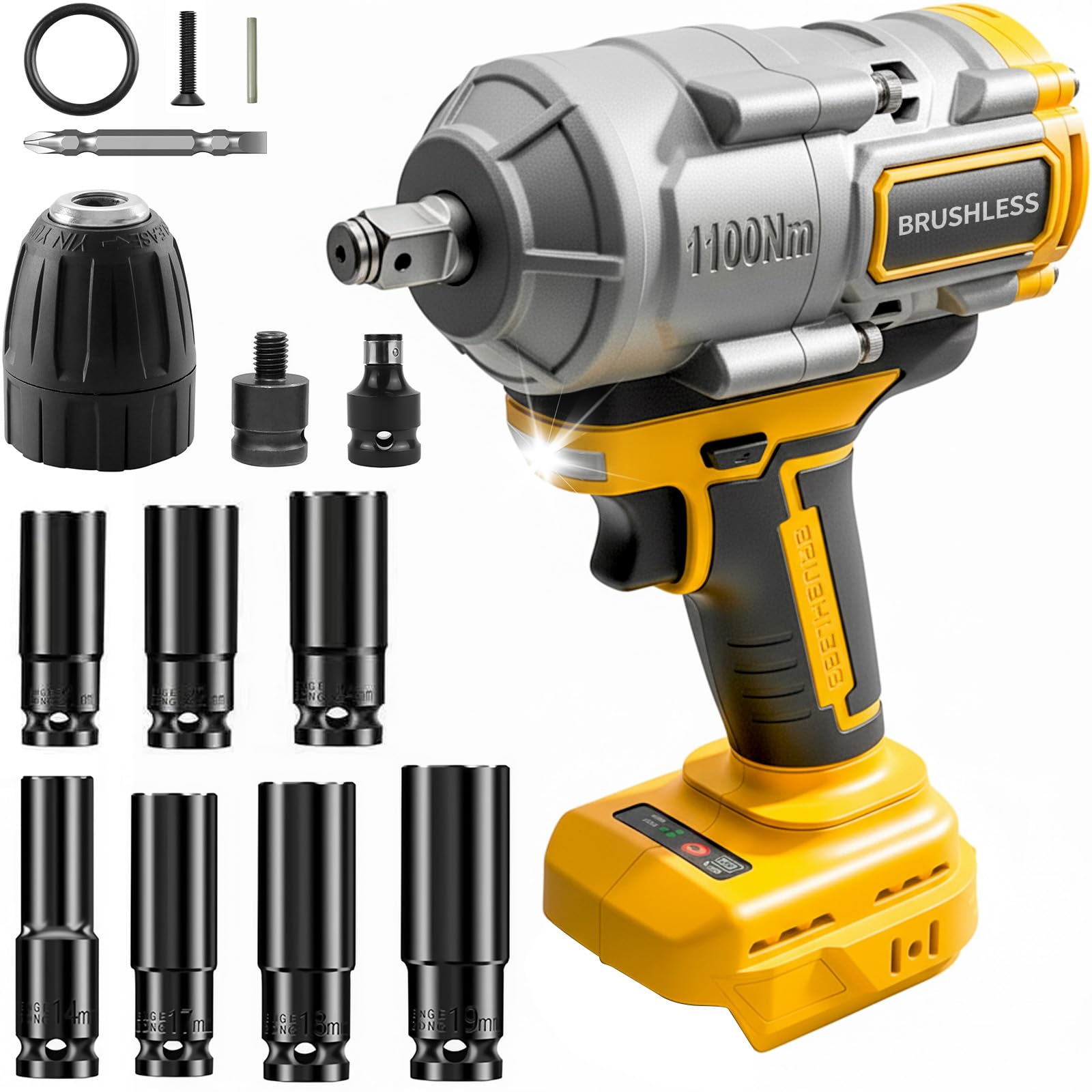 Akumulatorowa wkrętarka udarowa 1100 Nm kompatybilna z DeWalt 18 V/20 V – 1/2" bezszczotkowy klucz płaski z 7 kluczami nasadowymi do naprawy samochodów, wymiany opon i prac budowlanych (bez