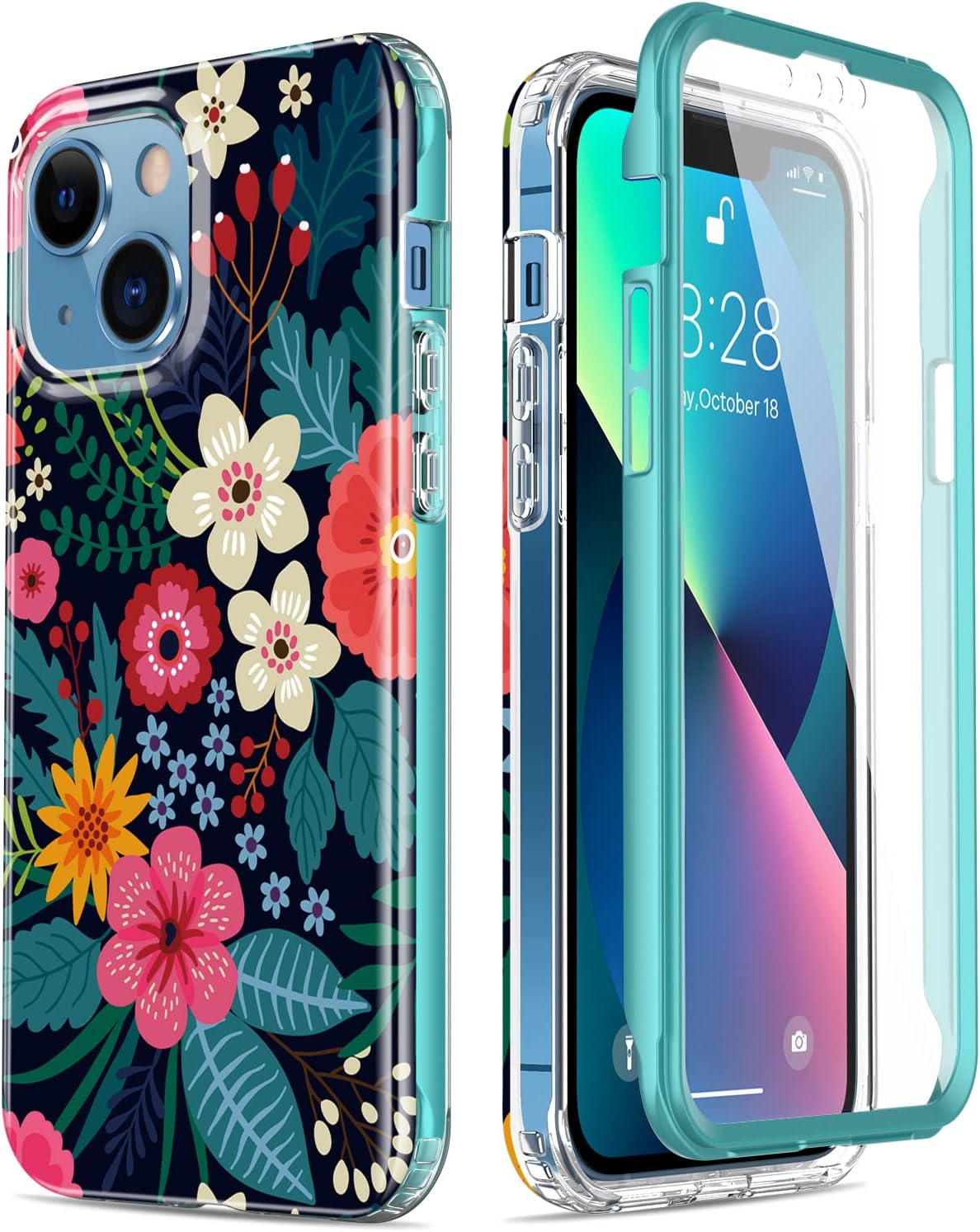 Esdot for iPhone 13 Case with Built-in Screen Protector,Military Grade Rugged Cover with Fashionable Designs for Women Girls,Protective Phone Case 6.1" Blooming Flowers