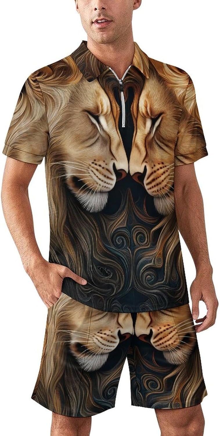 Wild Lion Couple Print Mens Polo Shirts Track Suits 2 Piece Short Sleeve Sweatsuit 1/4 Zip Golf Loungewear for Sports