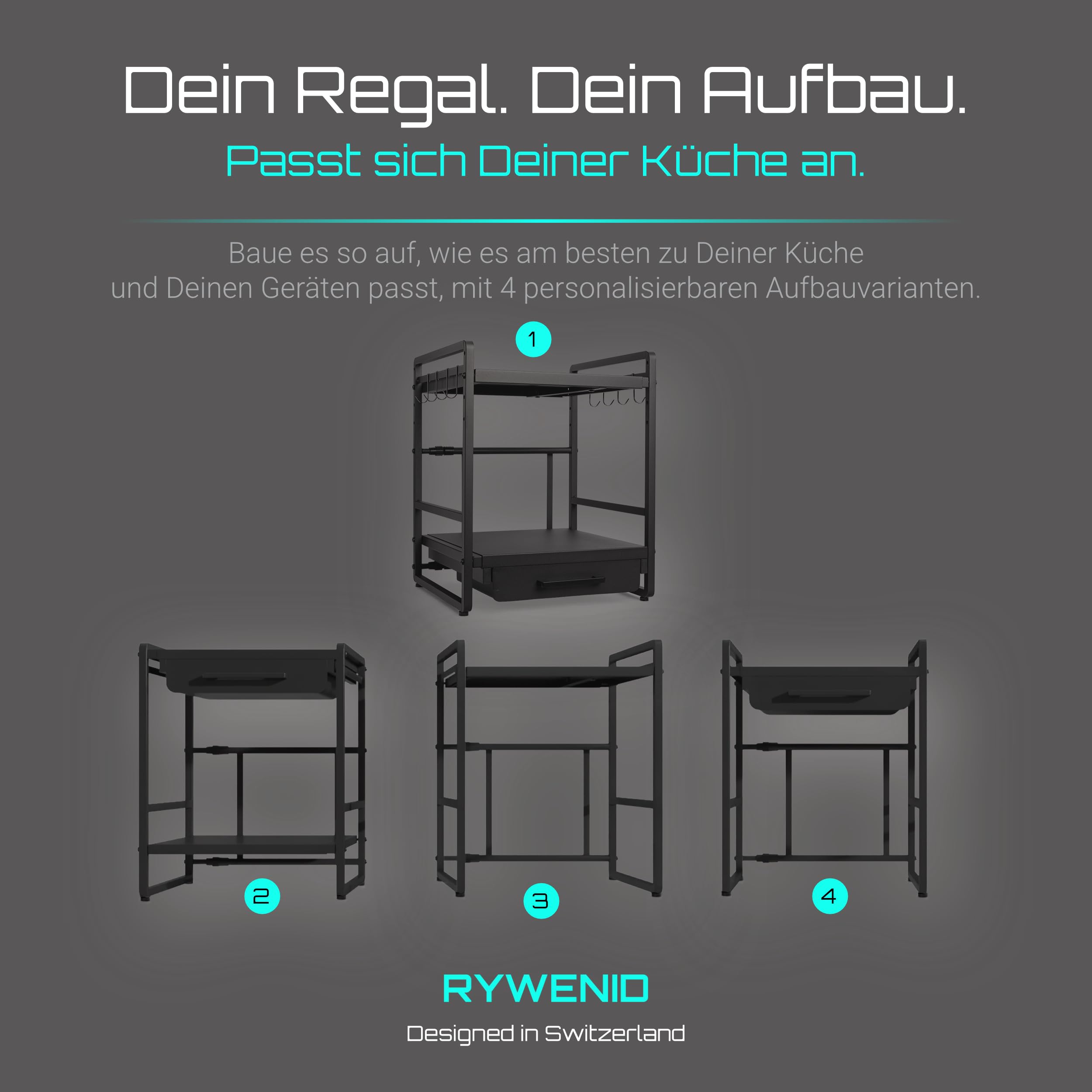 Mikrowellenregal mit Schublade höhenverstellbar, Regal Mikrowelle schwarz | Küchenorganizer Regal für Arbeitsplatte, stabil bis 50kg, erweiterbar 40-64cm, Küchenregal für maximale Ordnung in der Küche