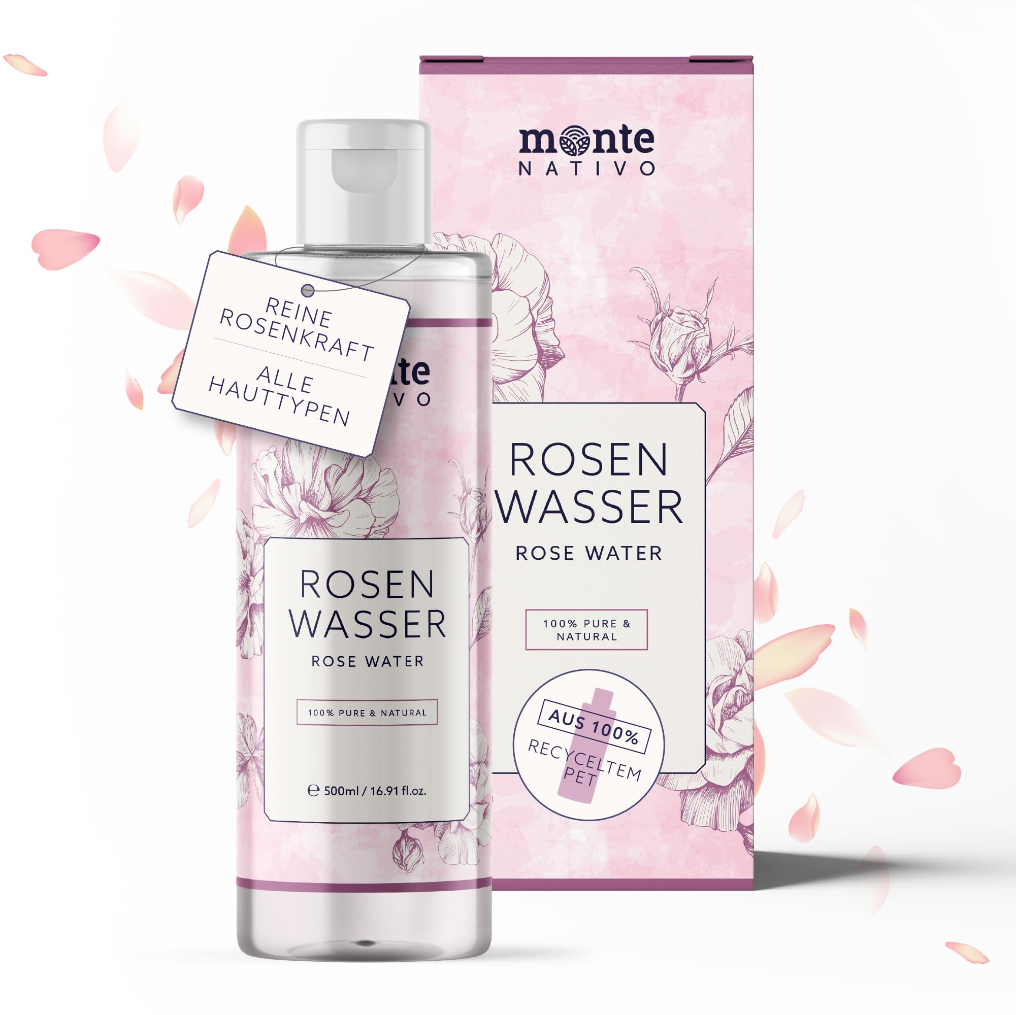 100% Woda różana Monte Nativo 500ml – 100% naturalna i czysta, toner do twarzy, naturalny różany hydrolat, potrójnie oczyszczony, kwiatowa woda różana