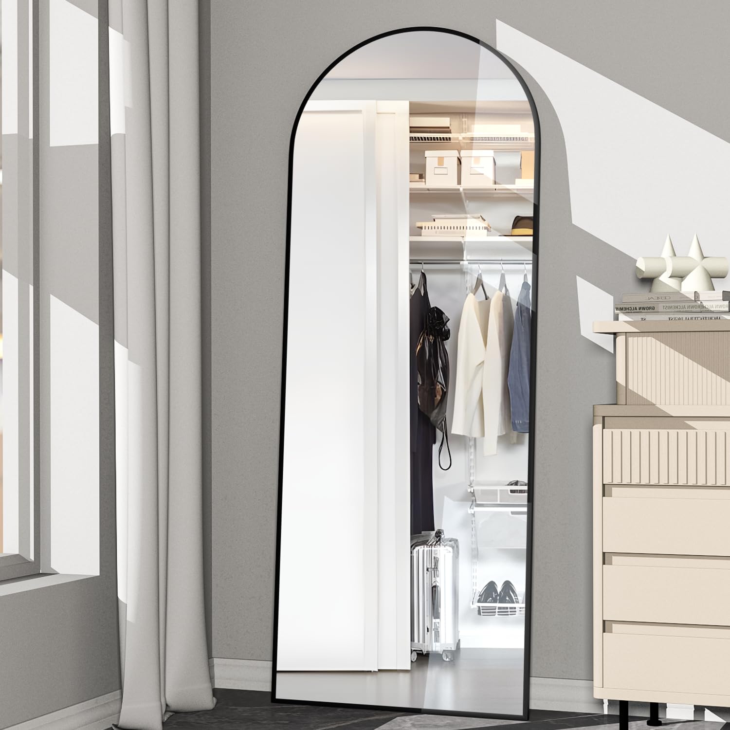 NEUWEABY Arched Full Length Mirror 162x53cm Arch Floor Mirror with Stand Large Wall Mirror Black Full Body Mirror Standing Hanging or Leaning Against Wall for Bedroom Entry, Bedroom, Living Room