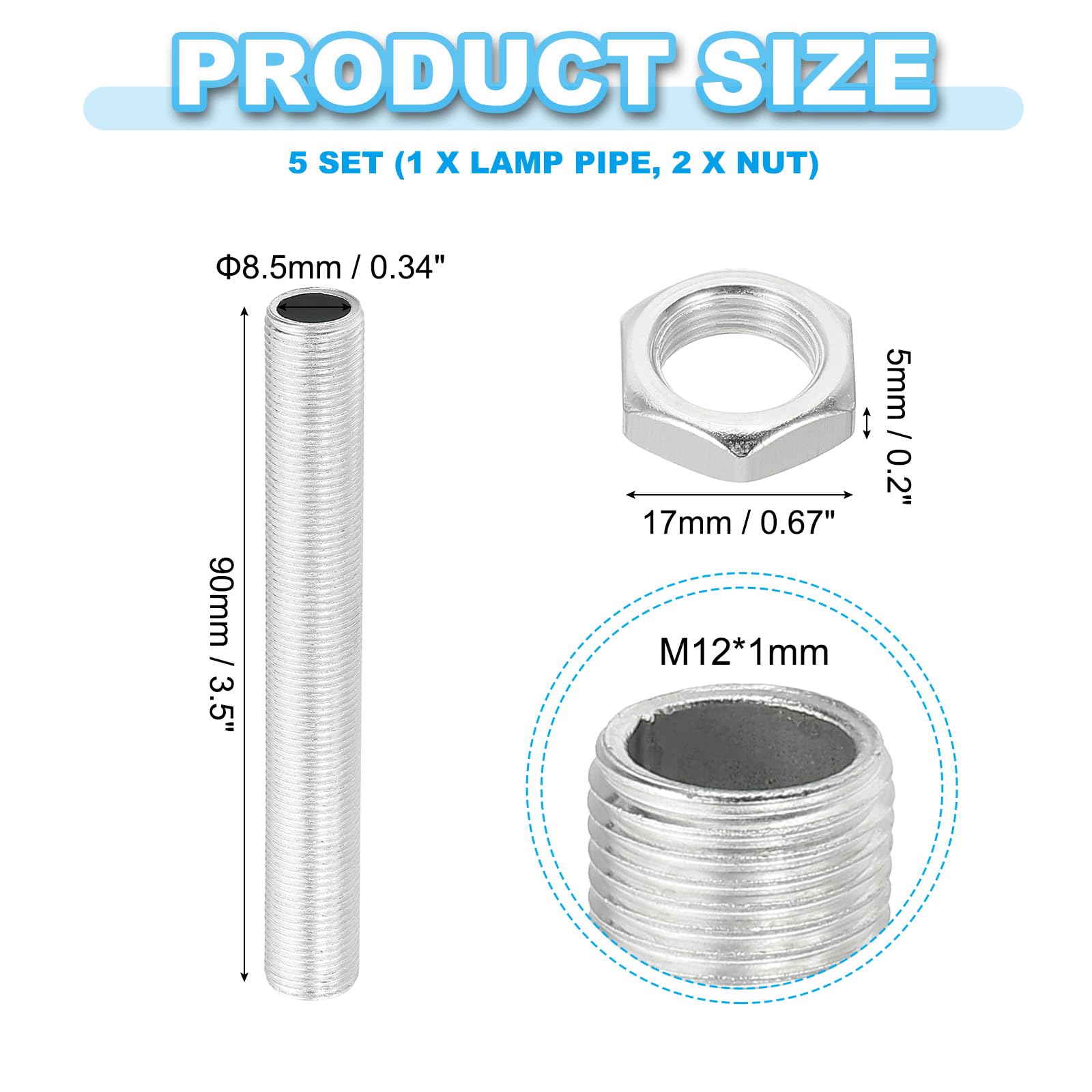 PATIKIL M12 Thread 90mm/3.5" Lamp Pipe Kit with Lock Nuts - Image 2