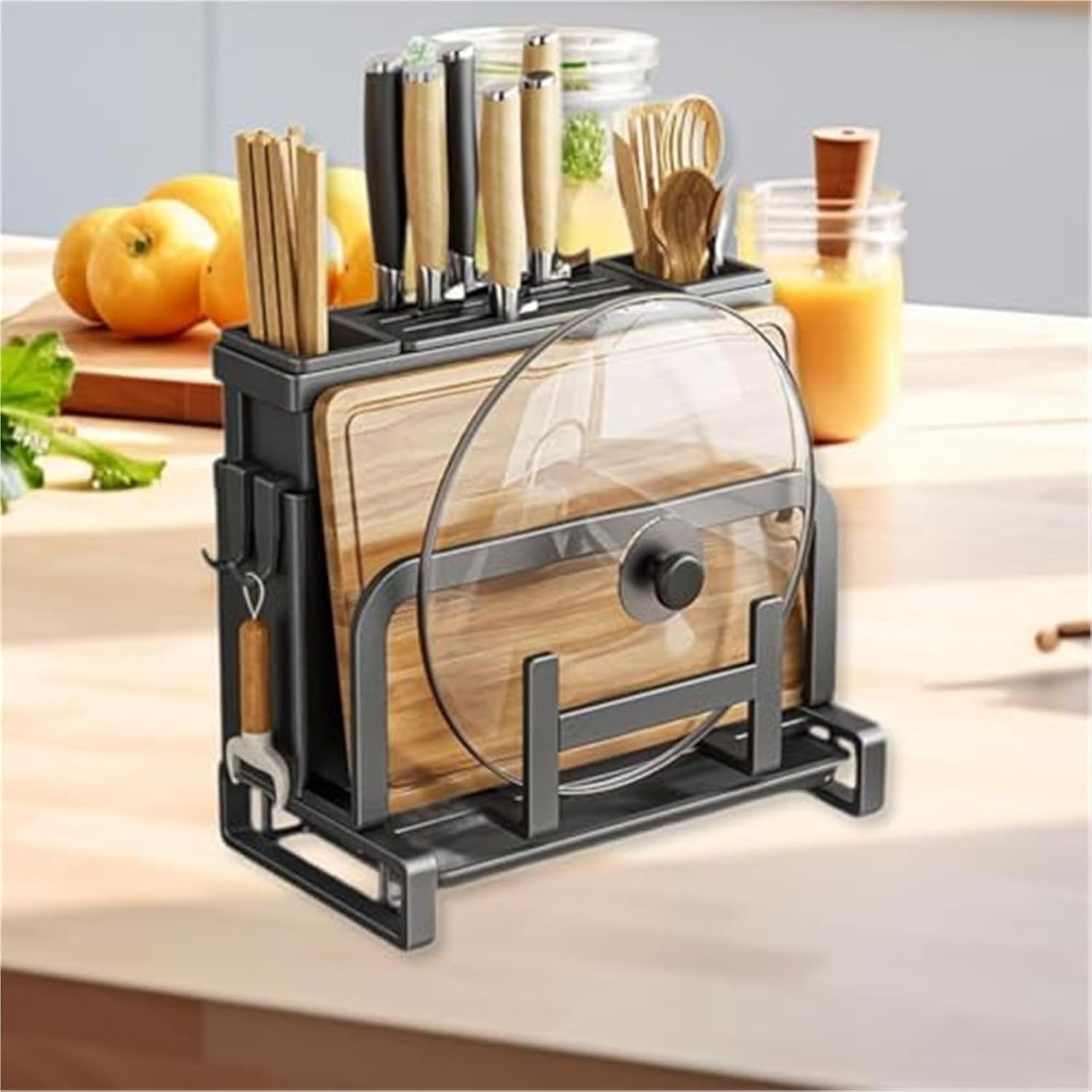 No-drill kitchen cutting board rack and draining rack - thickened stainless steel storage organizer; multi-functional, can hold cutting boards, chopsticks, and pot lids(Gray1)