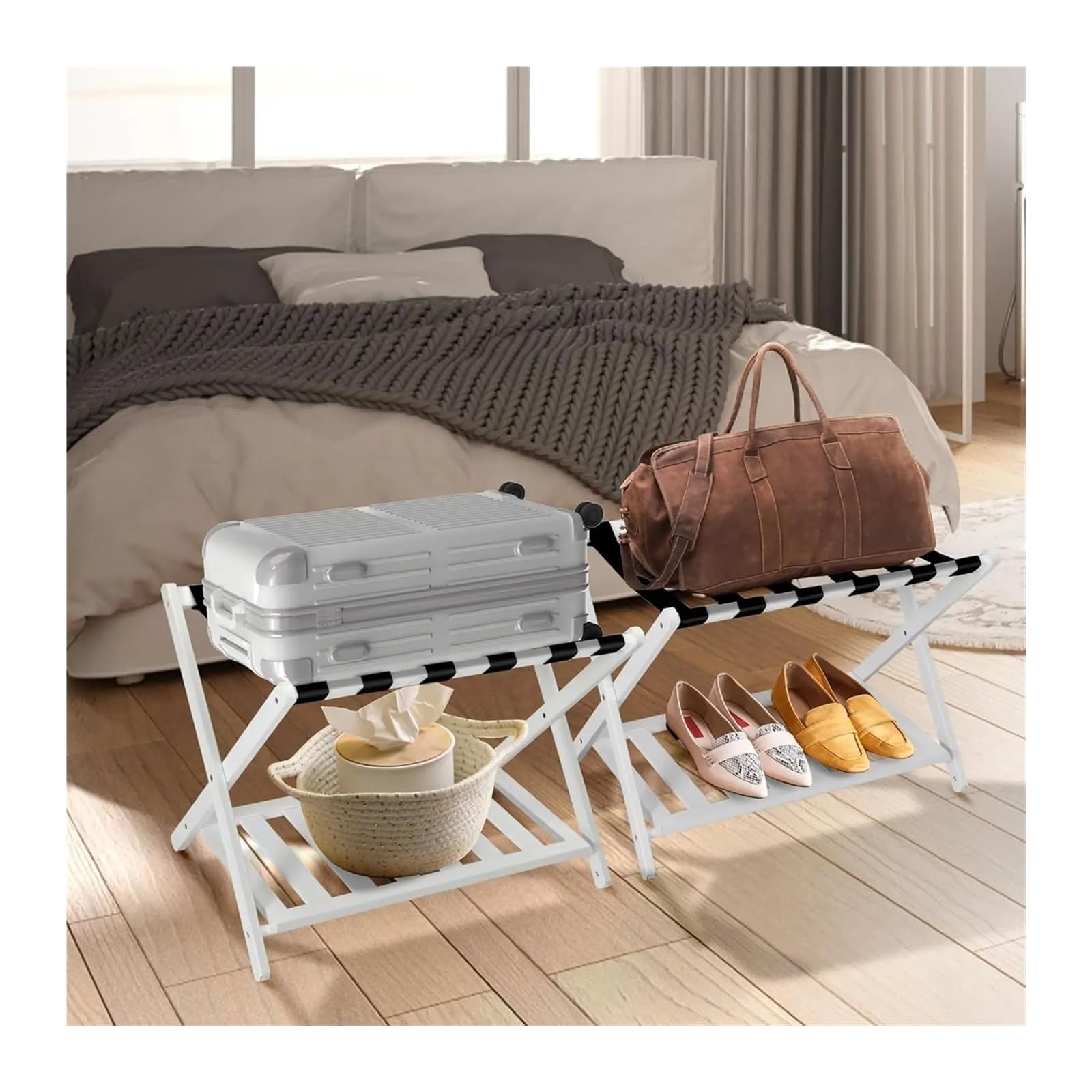 Porte-bagages pliables en bambou lot de 2 blanc avec étagère basse