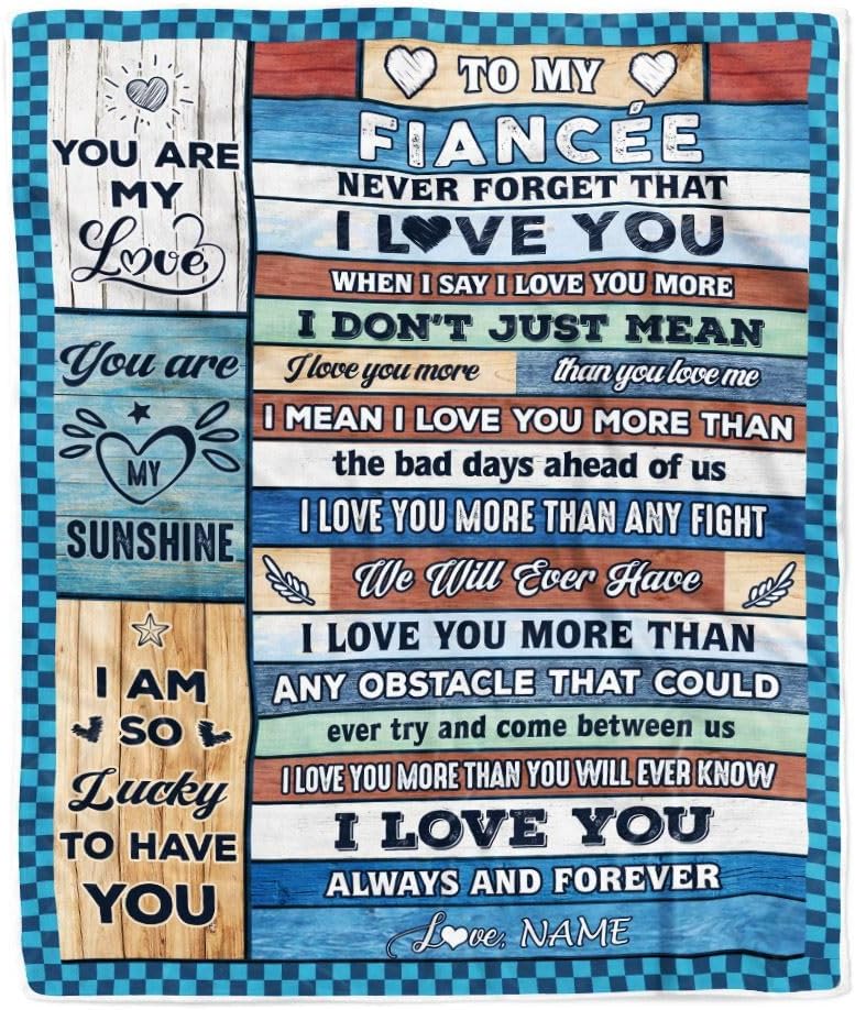 Personalized to My Fiancée Blanket from Fiancé Wood I Love You More Fiancee Birthday Anniversary Valentines Christmas Customized Gift Fleece Blanket (60 x 80 in Adult Size)