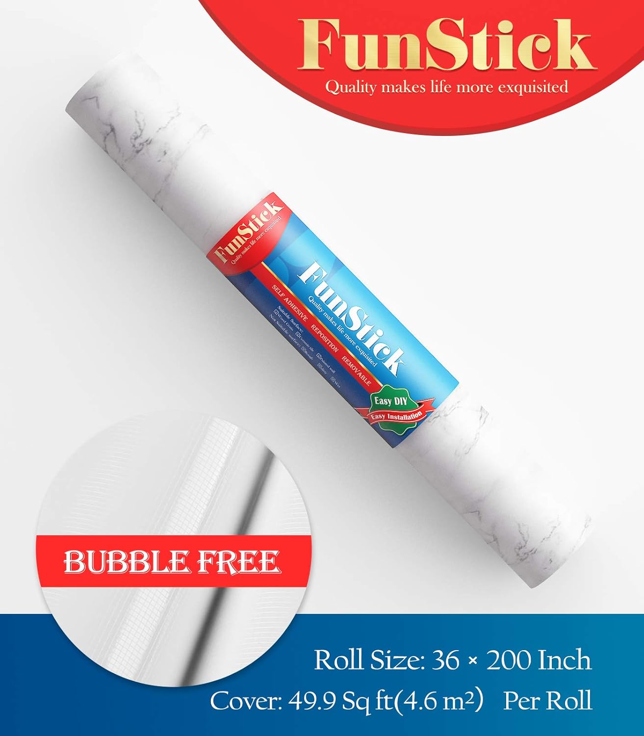 FunStick 36" x 200" Matte Marble Countertop Contact Paper White Grey Marble Wallpaper Peel and Stick Countertops for Kitchen Waterproof Removable Self Adhesive Wall Paper for Bathroom Table Furniture
