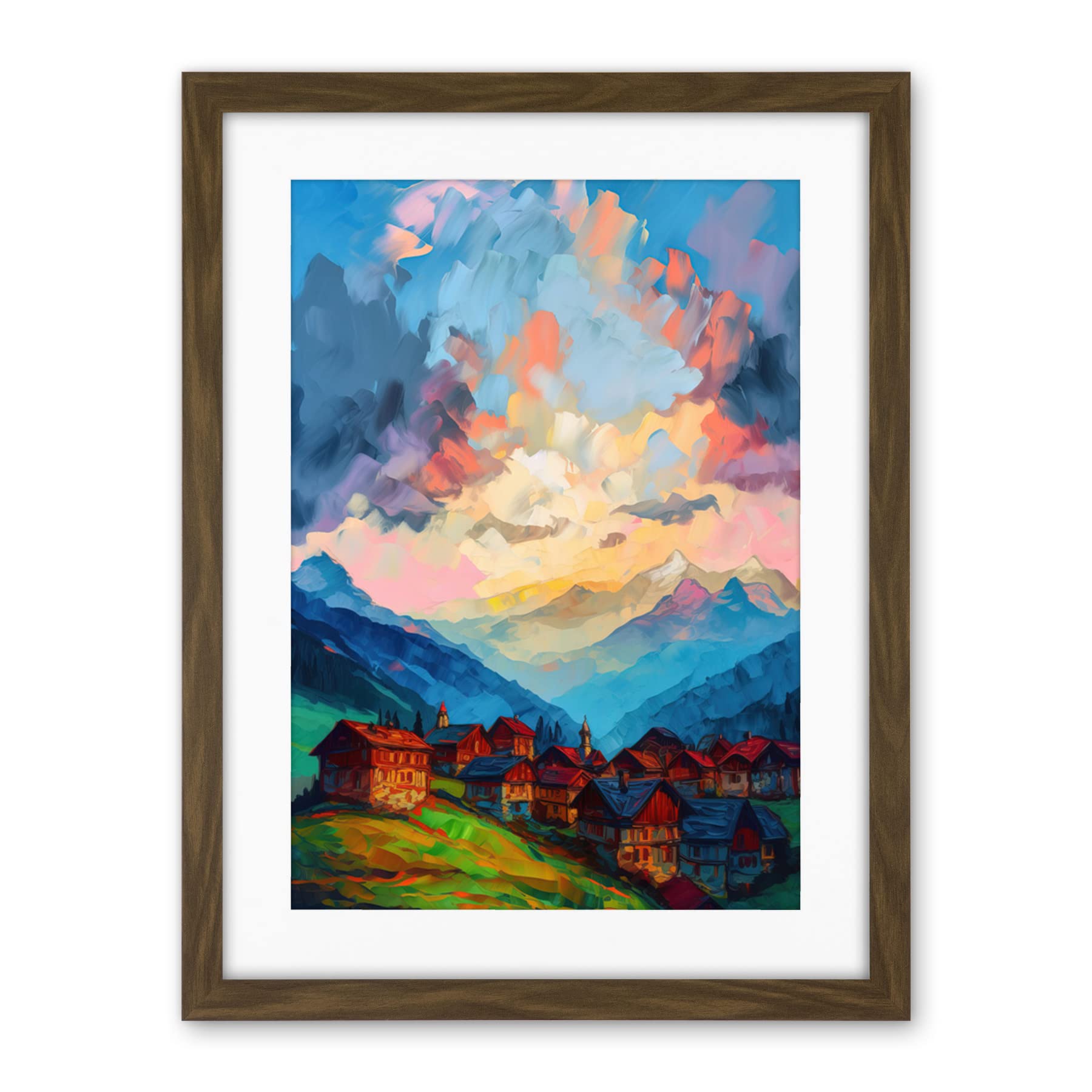 Artery8 Atmospheric Clouds at Dawn Over Small Village Houses in the Alps Modern Watercolour Painting Artwork Framed Wall Art Print 18X24 Inch