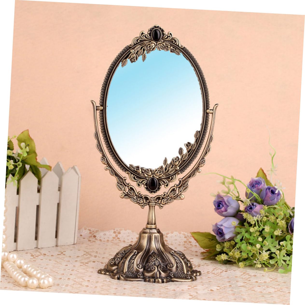 POPETPOP 1 Pc Espejo De Tocador De Escritorio Espejo De Maquillaje Antiguo Maquillaje De Aumento Espejo Giratorio De Doble Cara Espejo De Latón Familiar Espejo Decorativo Metal