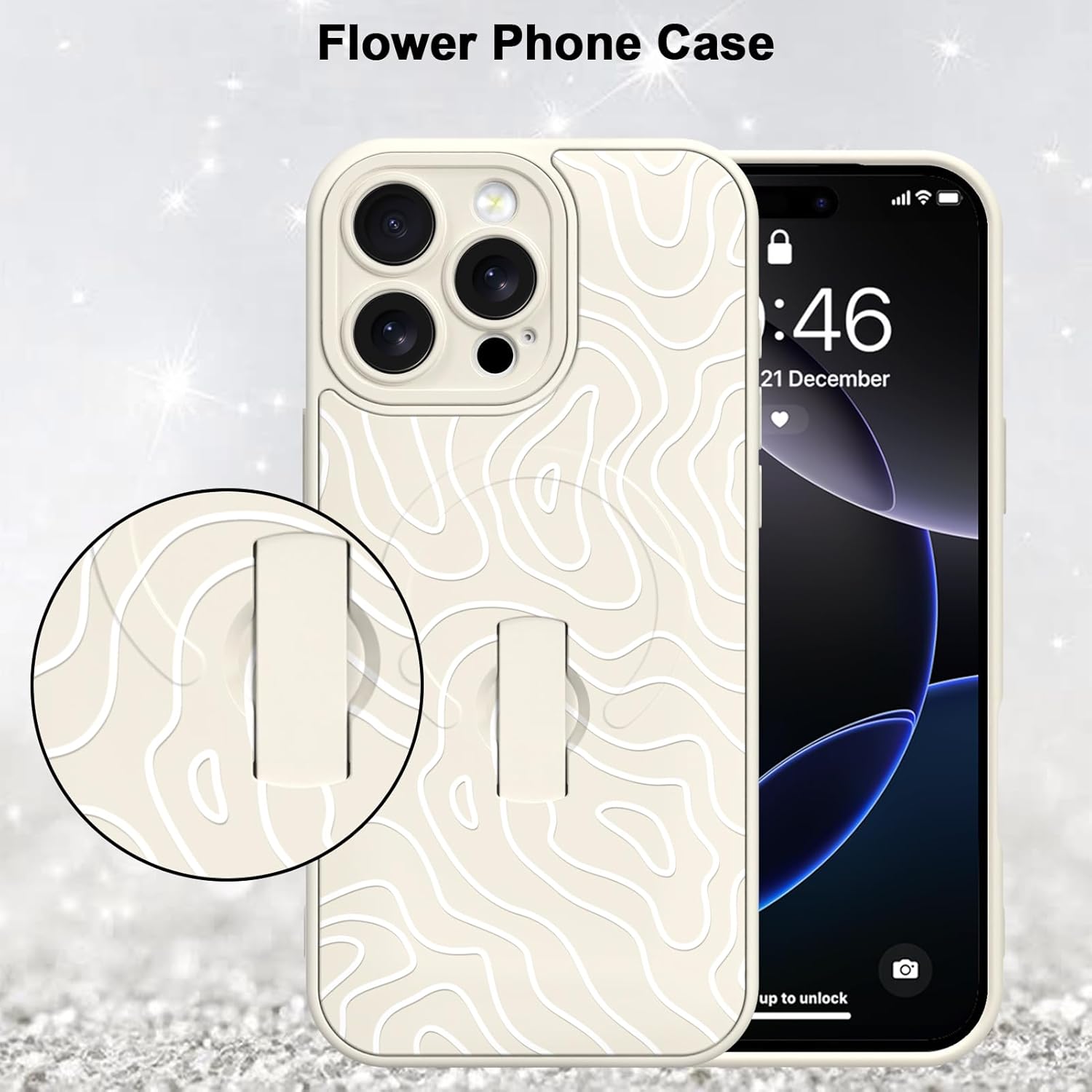 MZELQ for iPhone 16 Pro Case, Silicone Wave Ripple Cute Pattern, Support for MagSafe, Kickstand Wristband Camera Protection Soft Slim Phone Case for Girls Women -White