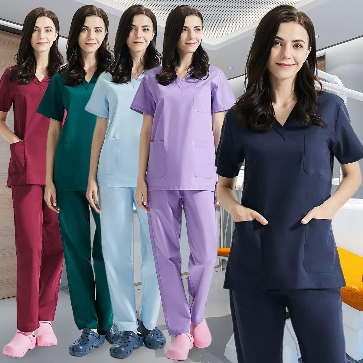 VIAOLI Women's Medical Nursing Scrub Set V-Neck Top and Pant with Pockets Scrubs Women Set Clearance Uniform Suit