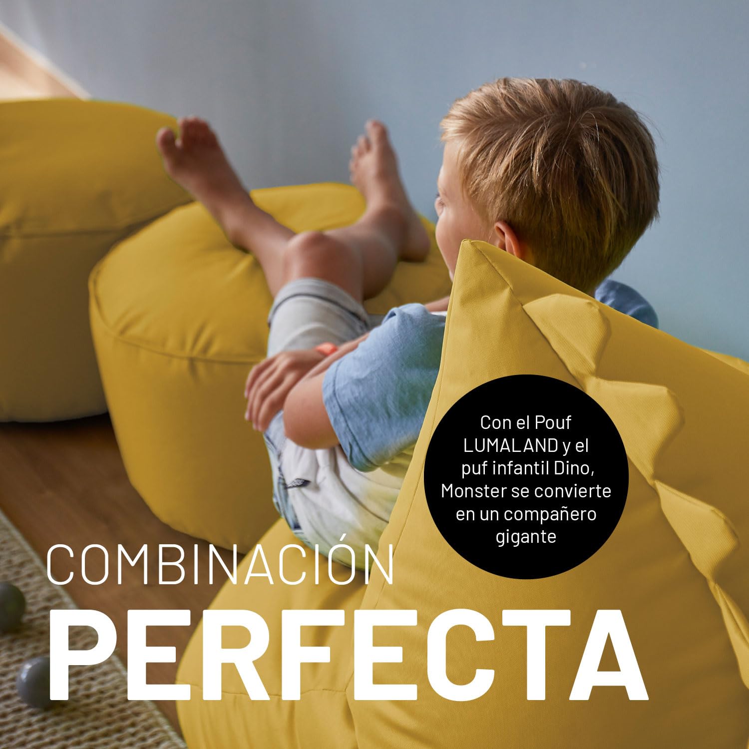 Lumaland Puf infantil Monster | Puf Animal Familia | Bolsa impermeable | Fácil cuidado | 80 x 80 x 70 cm, 2,9 kg [amarillo]