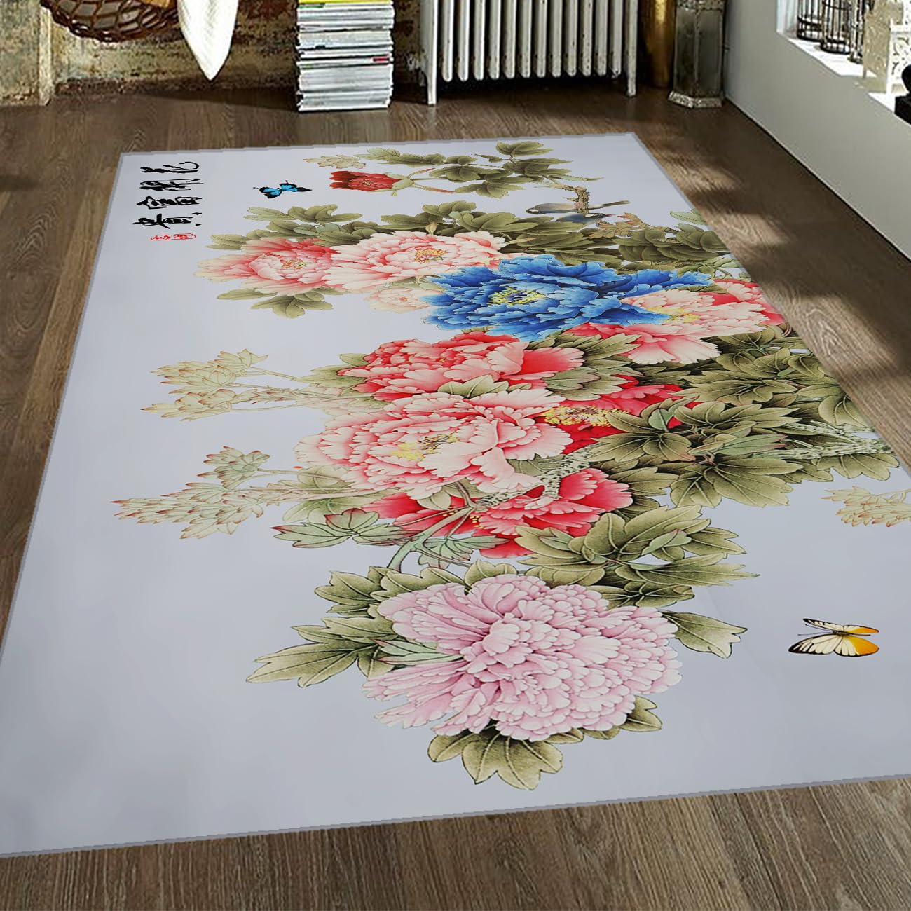Tapis antidérapant pivoines bleu et rose tapis fin lavable cuisine