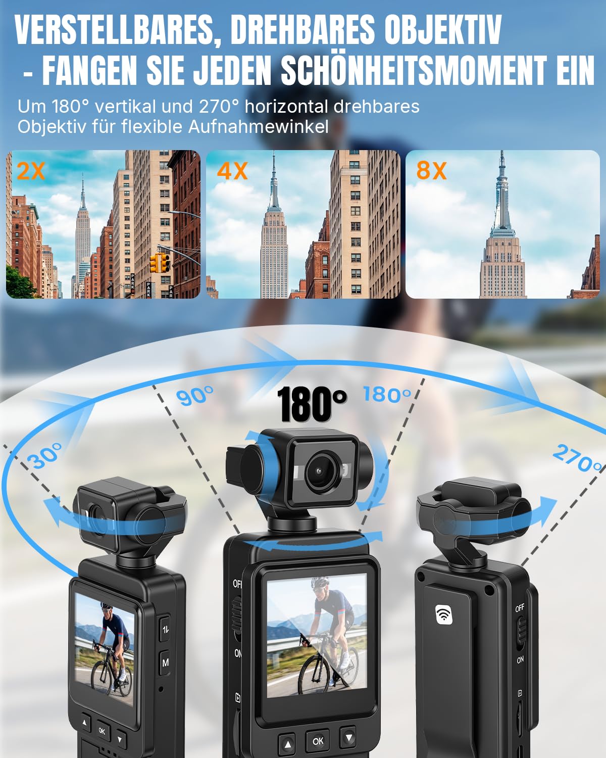Körperkamera Bodycam Vlog Kamera, 4K Mini Sports Action Cam mit 270° Drehbarem Objektiv, Tragbare POV Camera Taschenkamera für Vlogging, Reisen, Sicherheit und Arbeit, Schwarz