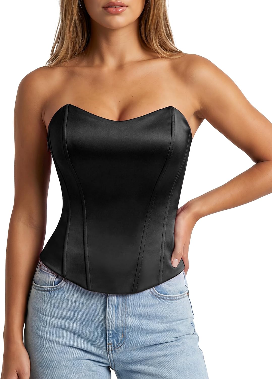 Waist Wow Corset Tops for Women Strapless Bustier Top Shapewear Sexy Satin Lace-Up Corsets Overbust Tank Club Party Going Out