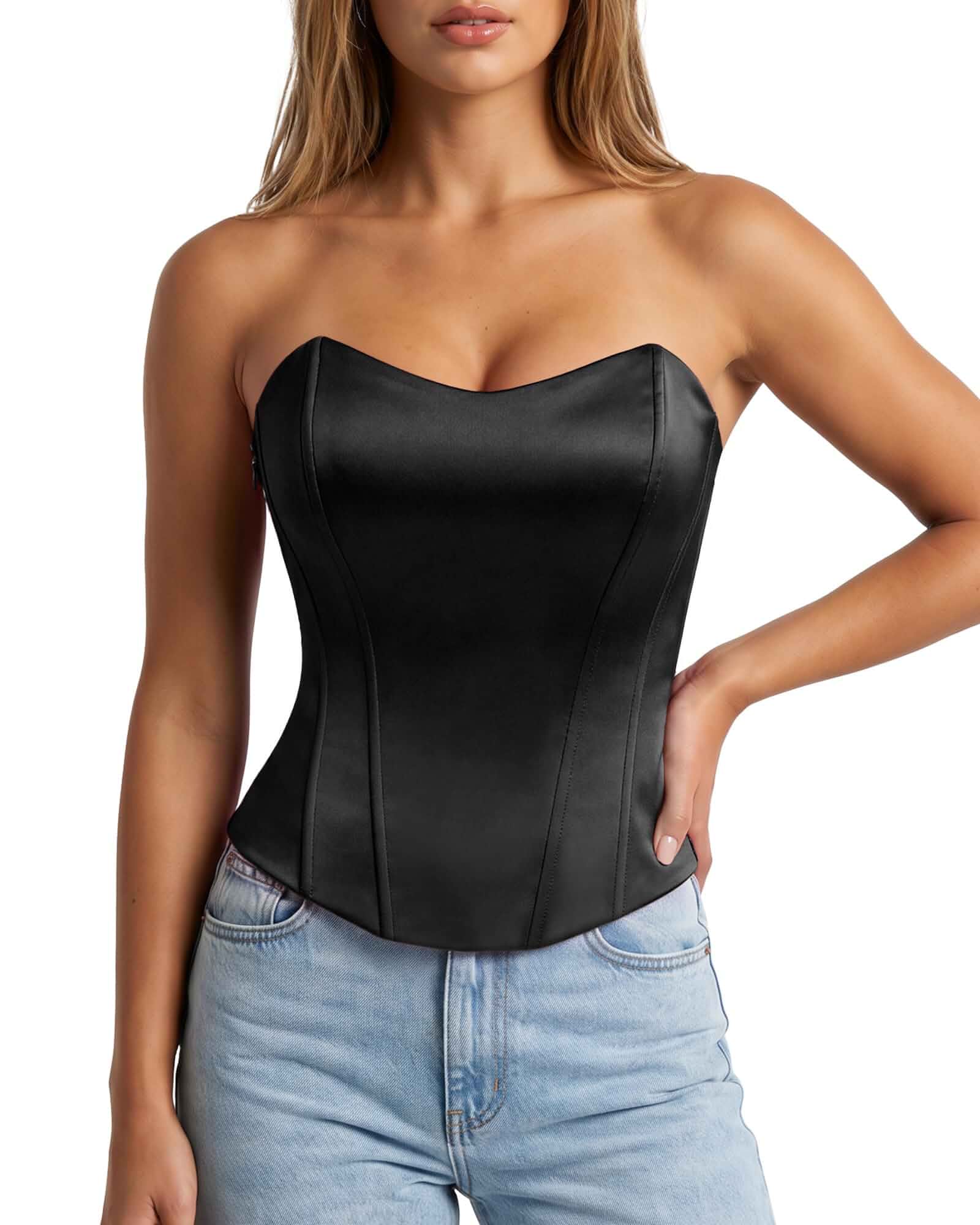 Waist Wow Corset Tops for Women Strapless Bustier Top Shapewear Sexy Satin Lace-Up Corsets Overbust Tank Club Party Going Out