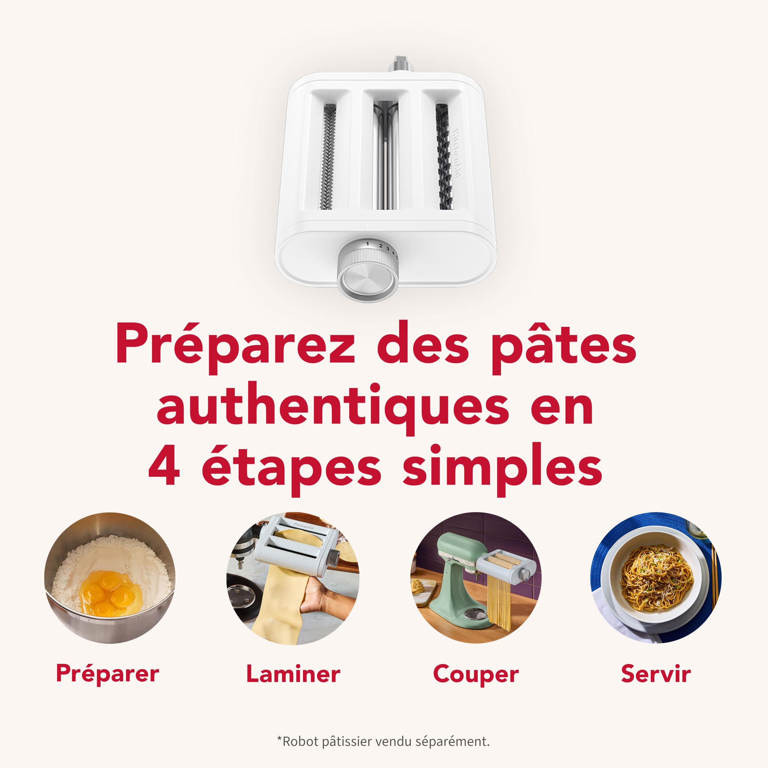KitchenAid Accessoire Pâtes 3-en-1 Plastique, Laminoir, Coupe-Spaghetti et Coupe-Fettuccine, Compatible Robots KitchenAid, Plastique