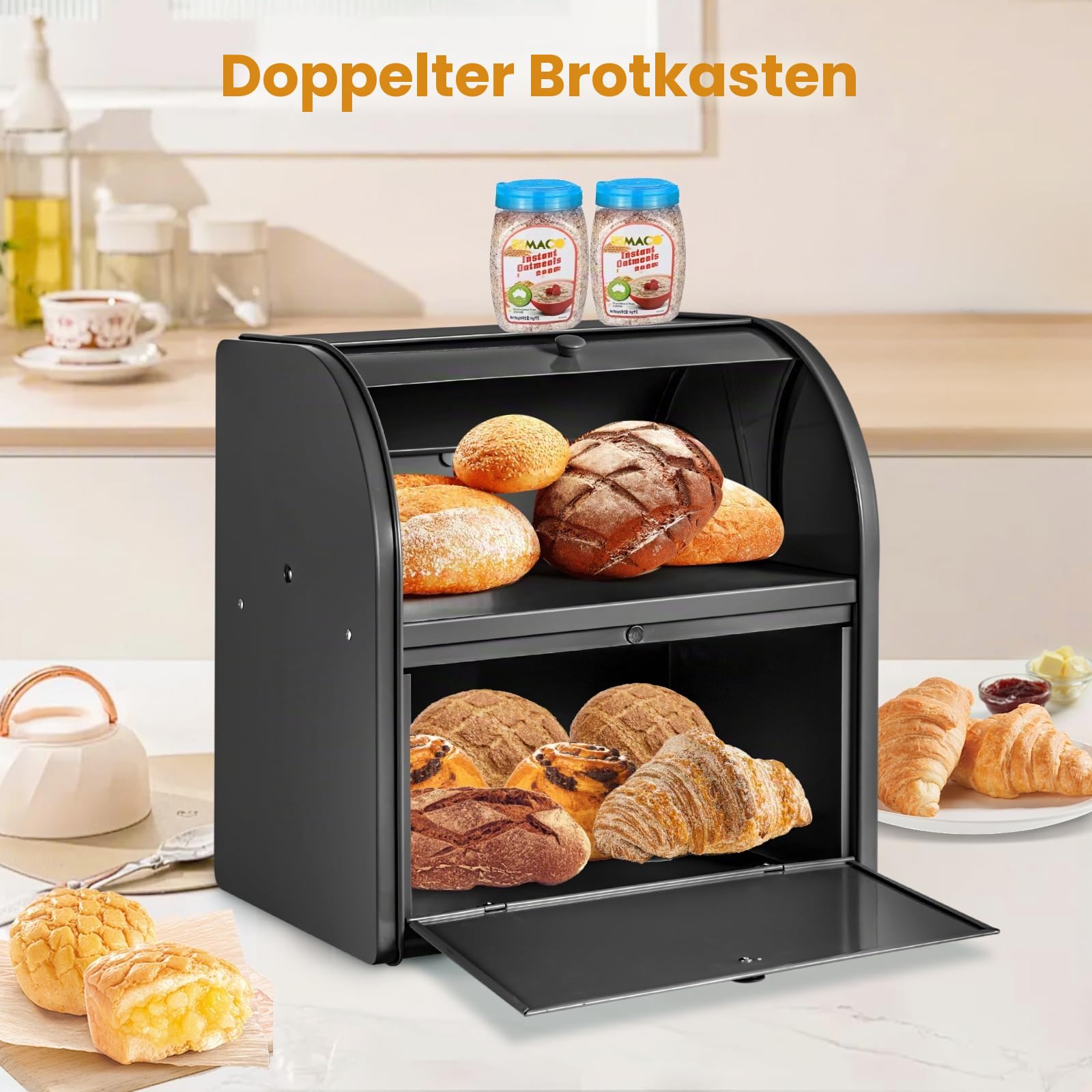Brotkasten 2-lagig groß Brotkasten für Küche Schwarz