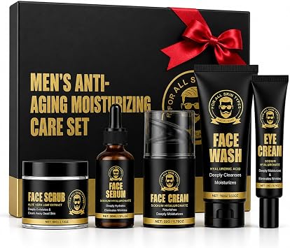 5PCS Men's Skin Care Sets & Kits, Daily Skincare Gift Set with Cream, Cleanser, Scrub, Eye Cream & Facial Serum, Moisturiser Routine Grooming Kit for Day & Night Care for Him at Home Travel