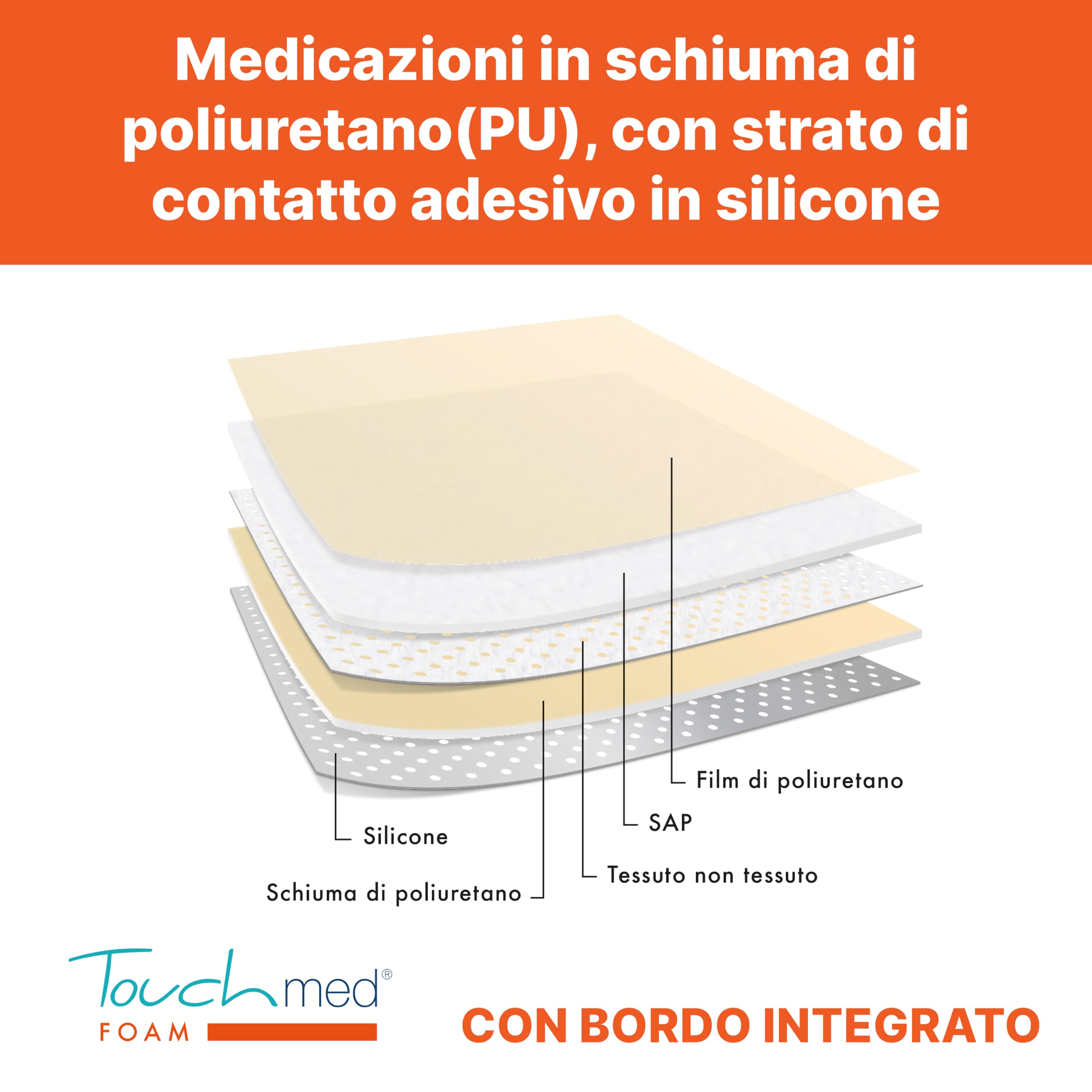 TOUCHMED Medicazione Sterile in Schiuma di Poliuretano con Silicone - 10x10 cm - Con Bordo Adesivo - Monouso - Confezione da 10 Pezzi