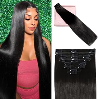 POGINJA 20 Inch Clip in Human Hair Extensions 105g 100% Remy Straight Seamless Invisible #1B Natural Black 8pcs Double Weft