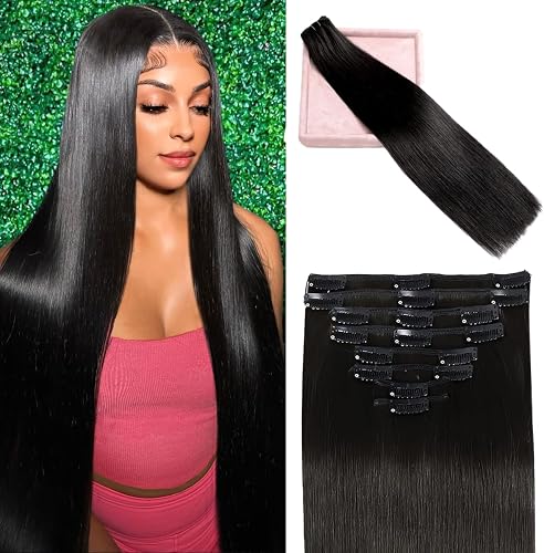 POGINJA Clip in Hair Extensions Real Human Hair, 20 Inch Remy Human Hair Clip in Extensions for Black Women, Invisible Natural Straight Seamless Clip ins Hair Extensions 8pcs Double Weft #1B 100g
