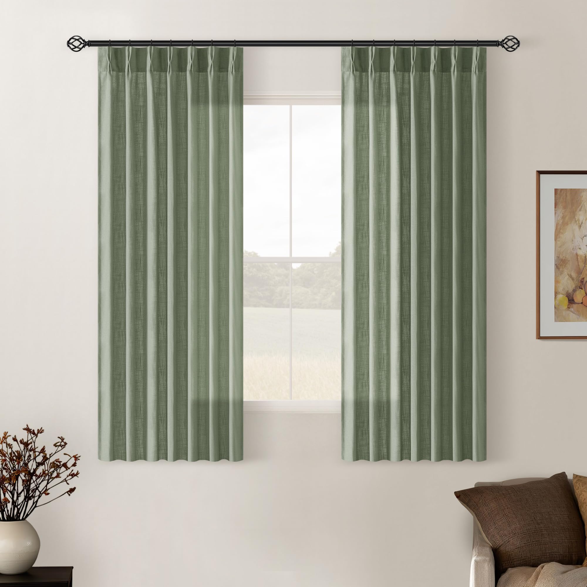 Sage Green Pinch Pleated Linen Semi Sheer Curtains 45 Inch Length 2 Panels