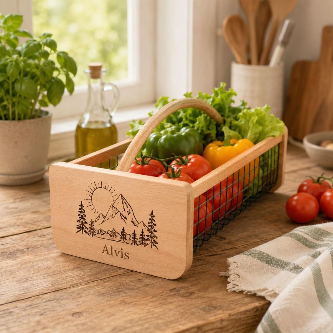 Cesto di frutta di legno personalizzato della rete metallica, canestro del | Porta prodotti in ferro e legno inciso, regalo di inaugurazione della casa