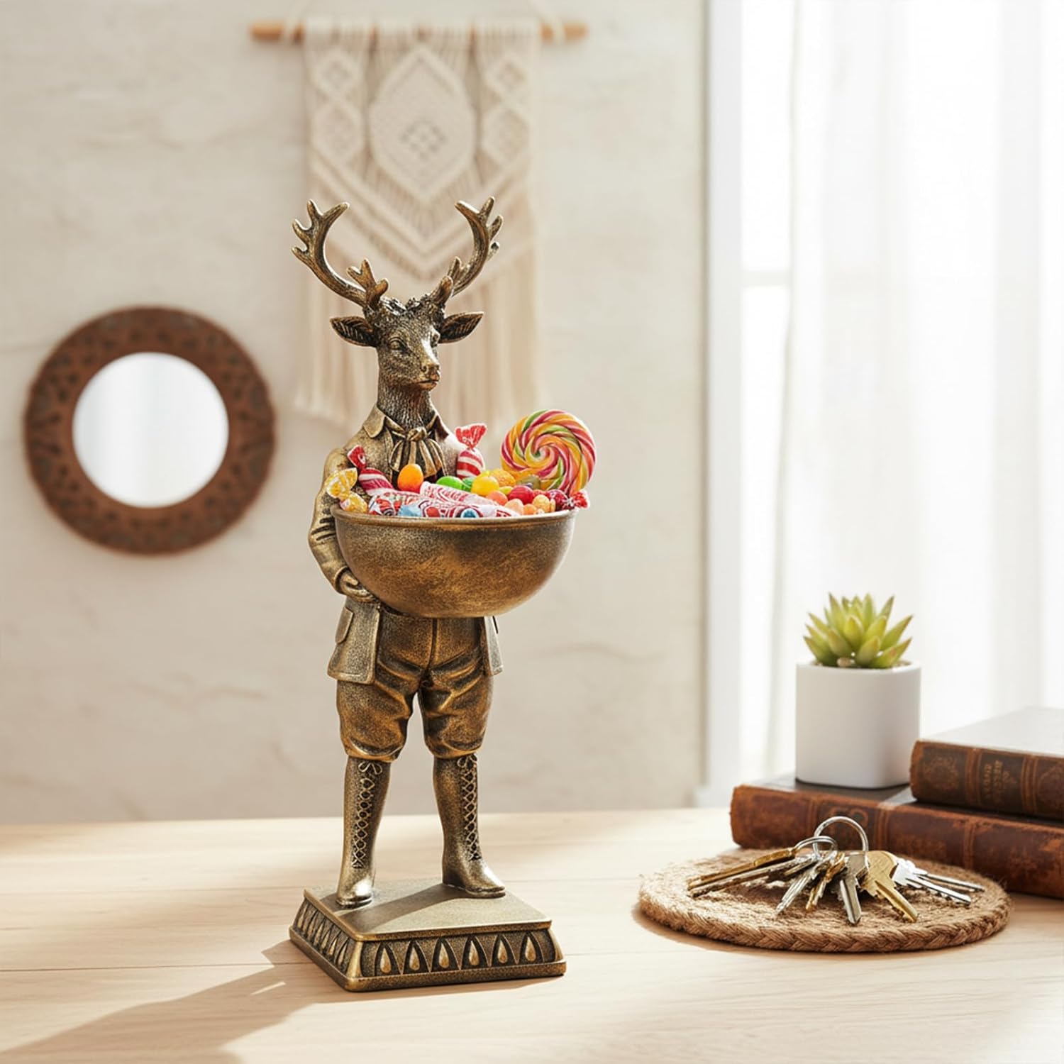 12.6 Inch Vintage Golden Deer Statue with Bowl,Deer Figurine Resin Tray Serving Easter Decorations, Home Arts Desktop Accessories Table Decor,Candy Key Purse Bowl (Brass Color)
