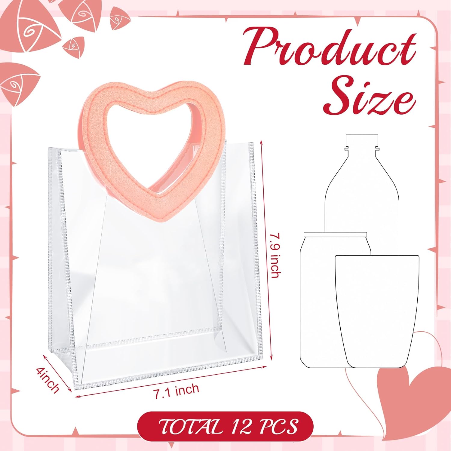 Locmeo 12 Pcs Valentine's Day Clear Plastic Gift Bags with Handle, 8 x 7 x 4 Inch Reusable Transparent PVC Gift Wrap Bags Bulk for Valentine Wedding Bridal Baby Shower Party Favors - Image 2