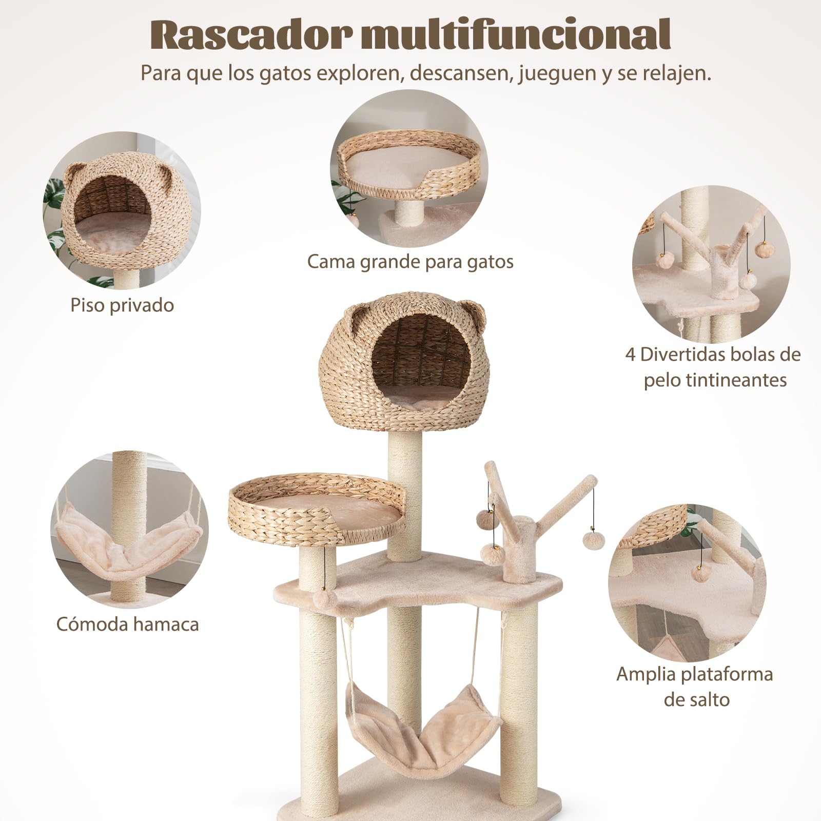 SOARS Rascador de varios niveles, 121 cm, con cueva y hamaca, 4 bolas y cama, árbol de escalada para gatos, estable