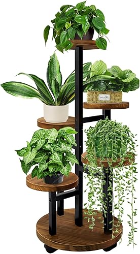 GEEBOBO Soporte para Plantas de 5 Niveles con 4 Ruedas, Soportes Altos de Metal y Madera para Múltiples Plantas de Interior, Estante Escalonado de