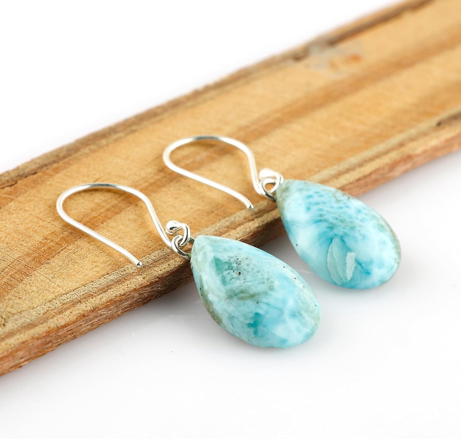 925 Sterling Silver Earrings, Natural Sky Blue Larimar Gemstone, Handmade Bohemian Jewelry, Pear Cabohcon Healing Crystals Earring for Women, Christmas Gift (Approx.18x12mm) - Image 2