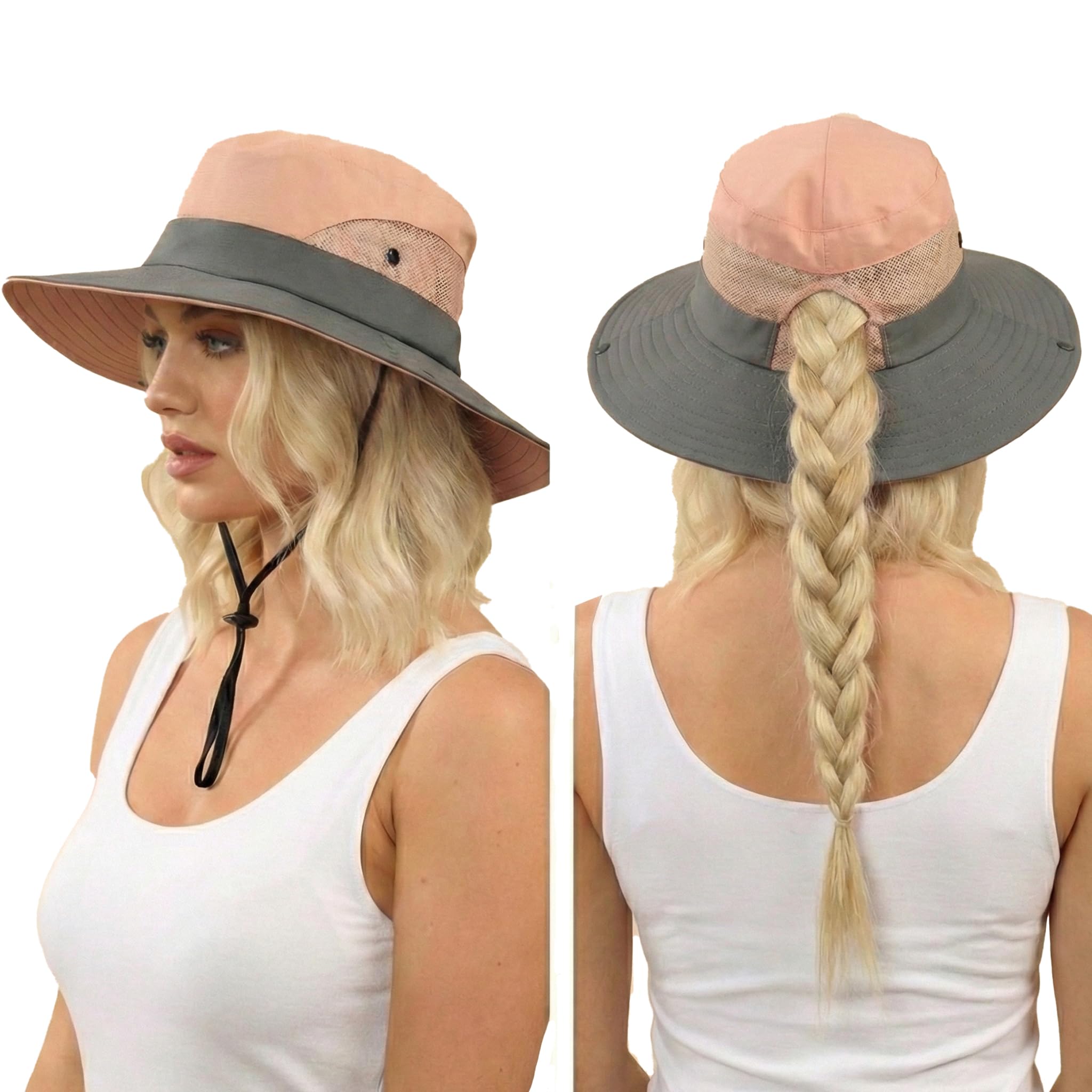 Prohike Women’s Sun Hat UV Protection Wide Brim Safari Hat – Packable Summer Hiking Hat with Ponytail Hole, Breathable Mesh, Adjustable Chin Strap for Fishing, Beach, Travel & Camping (Pastel Pink)