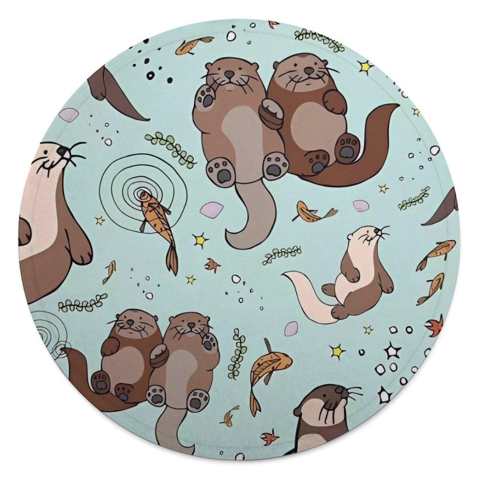 FekiLoot Cartoon Cute Otter Round Flannel Throw Blanket, 59.1 Inch Diameter Single Sided Printed Fleece Blanket, Multipurpose Foldable Decor Cover for Couch Office Camping Home Furnishing