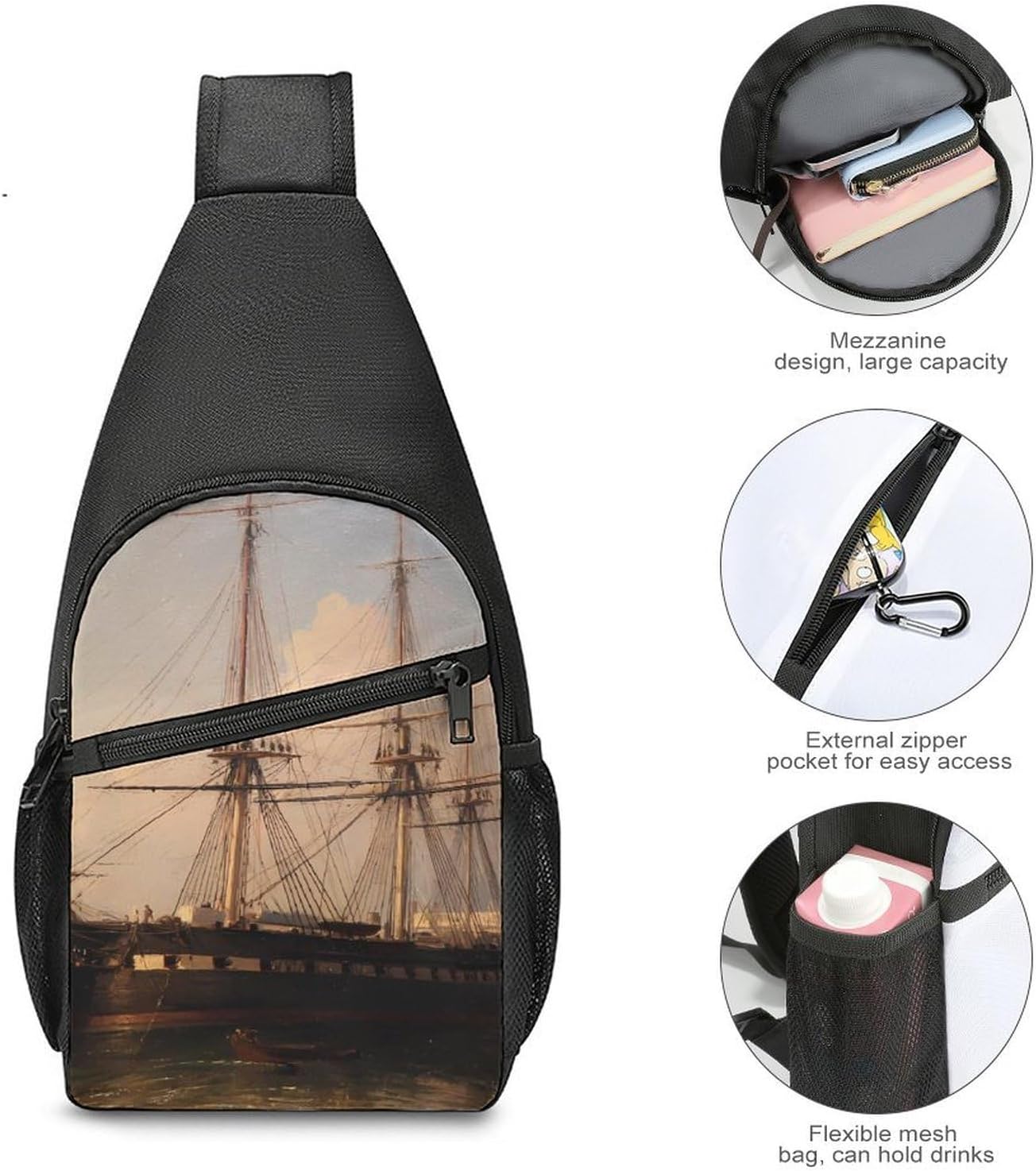 Vintage Ship Ferry Port Crossbody Sling Backpack Chest Bag Daypack | unisex,trendy,with convertible and detachable shoulder strap,side pockets