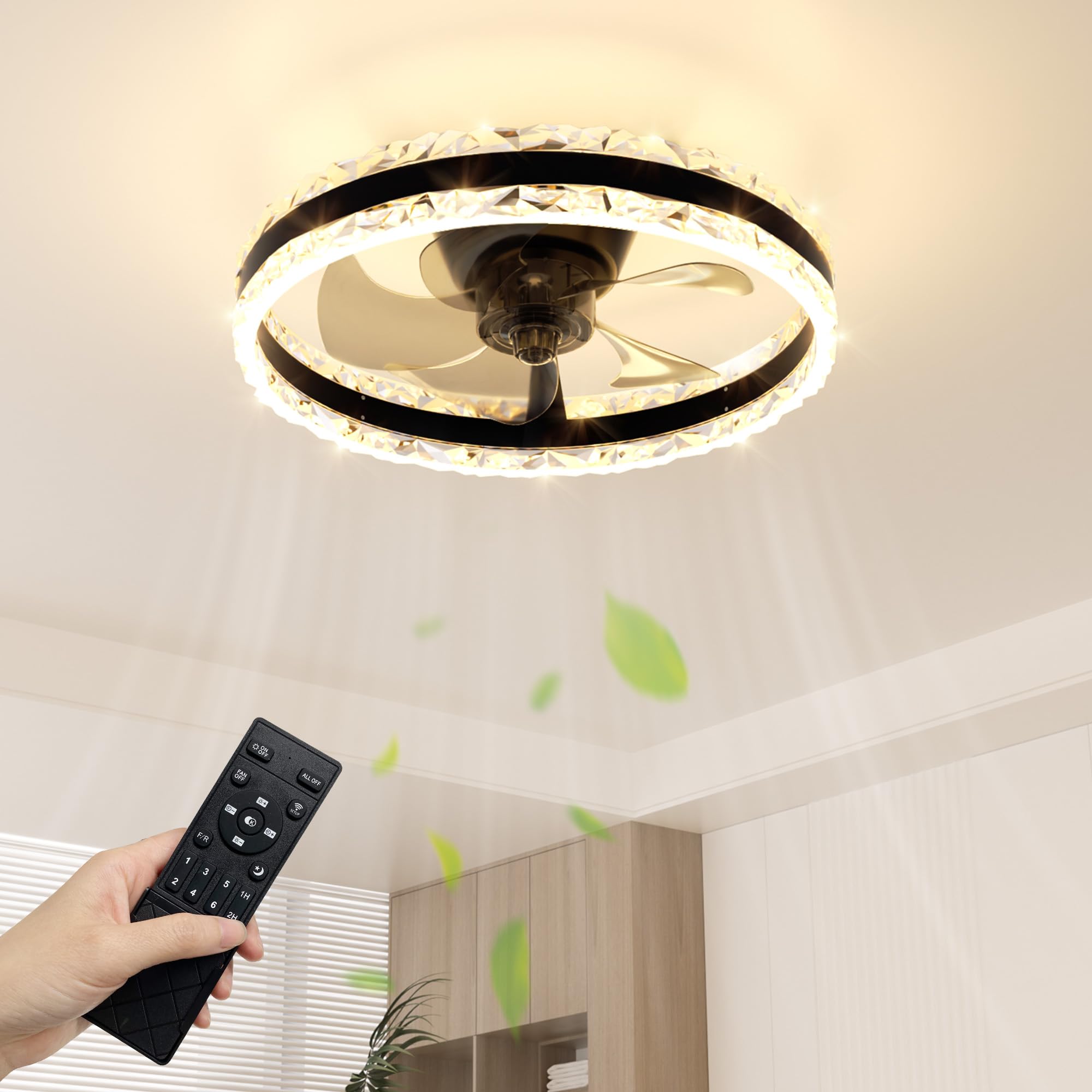 NIORSUN 40cm Ceiling Fan with Lights & Remote, 3000LM Dimmable LED, 3 Colours Ceiling Fans Lamp, 6 Speeds & Timer Ultra-Quiet Modern Fan Light for Bedroom Living Room Kitchen (Black)