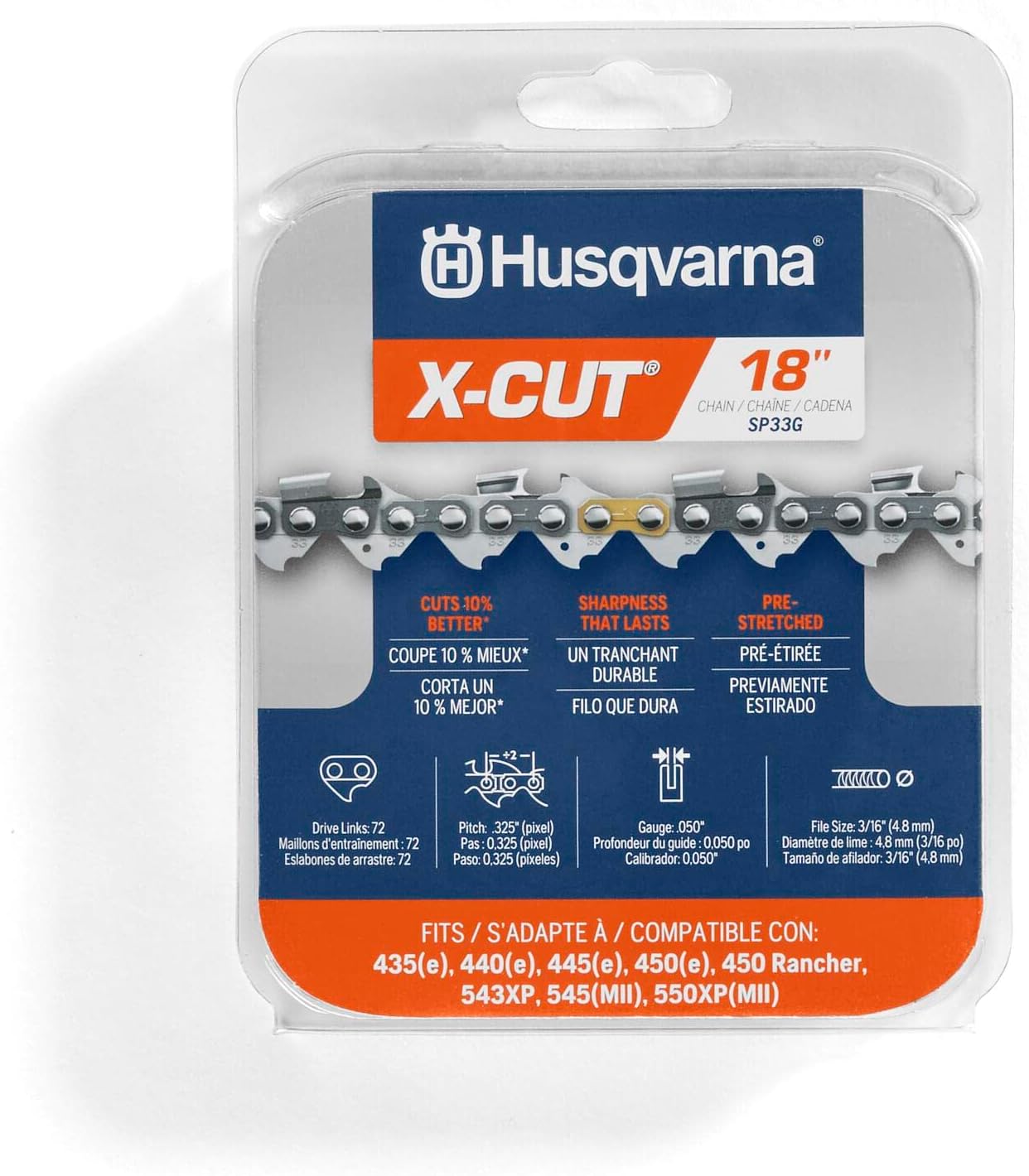 Husqvarna X-Cut SP33G 18 Inch Chainsaw Chain, 325" Pitch, 050" Gauge, 72 Drive Links, Pre-Stretched Chainsaw Blade Replacement with Superior Lubrication and Low Kickback, Gray